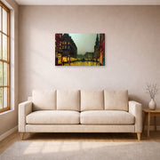 Gallery-wrapped canvas print of John Atkinson Grimshaw's 'Boar Lane Leeds' displayed on a wall in a living room