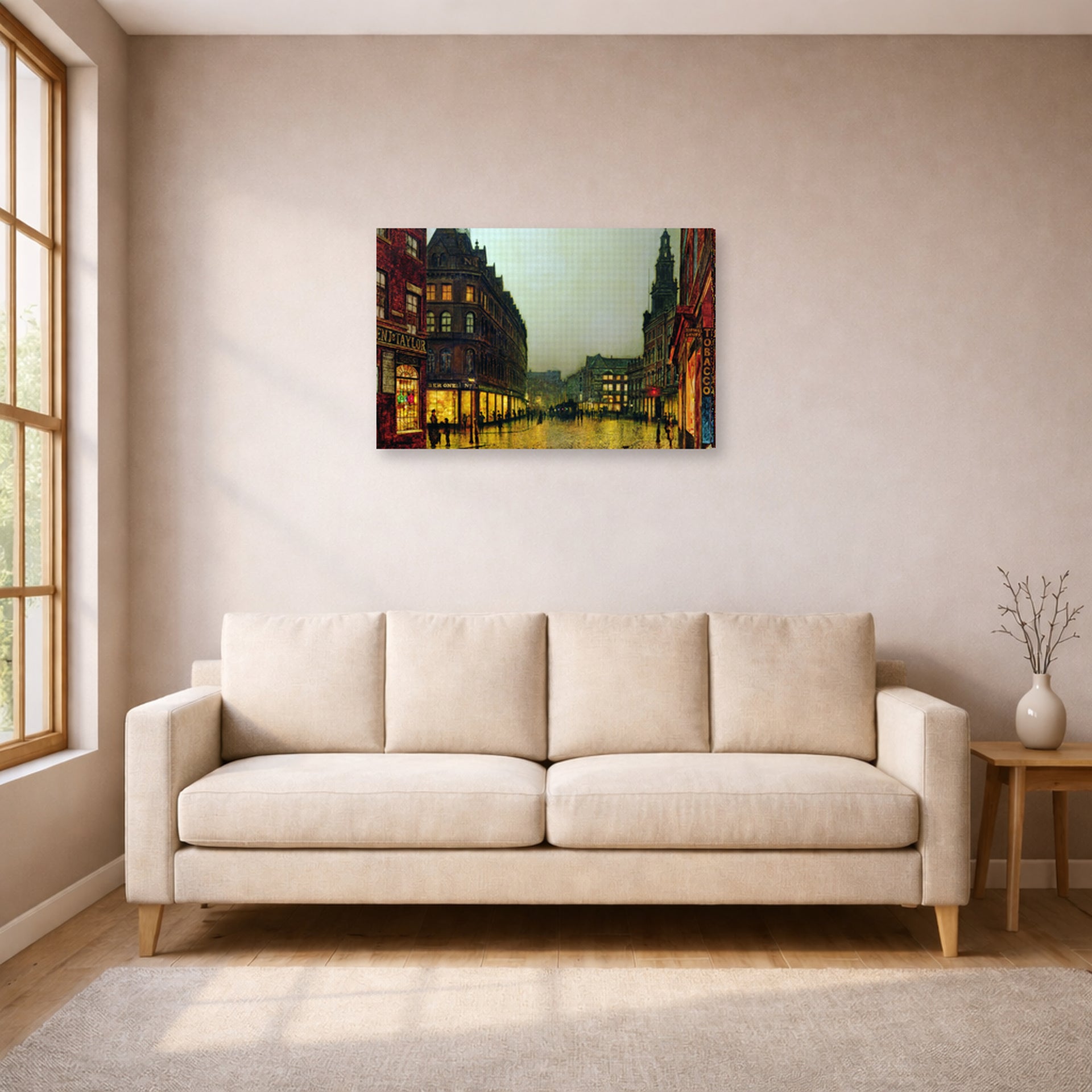 Gallery-wrapped canvas print of John Atkinson Grimshaw's 'Boar Lane Leeds' displayed on a wall in a living room