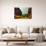 Gallery-wrapped canvas print of John Atkinson Grimshaw's 'Boar Lane Leeds' displayed on a wall in a living room
