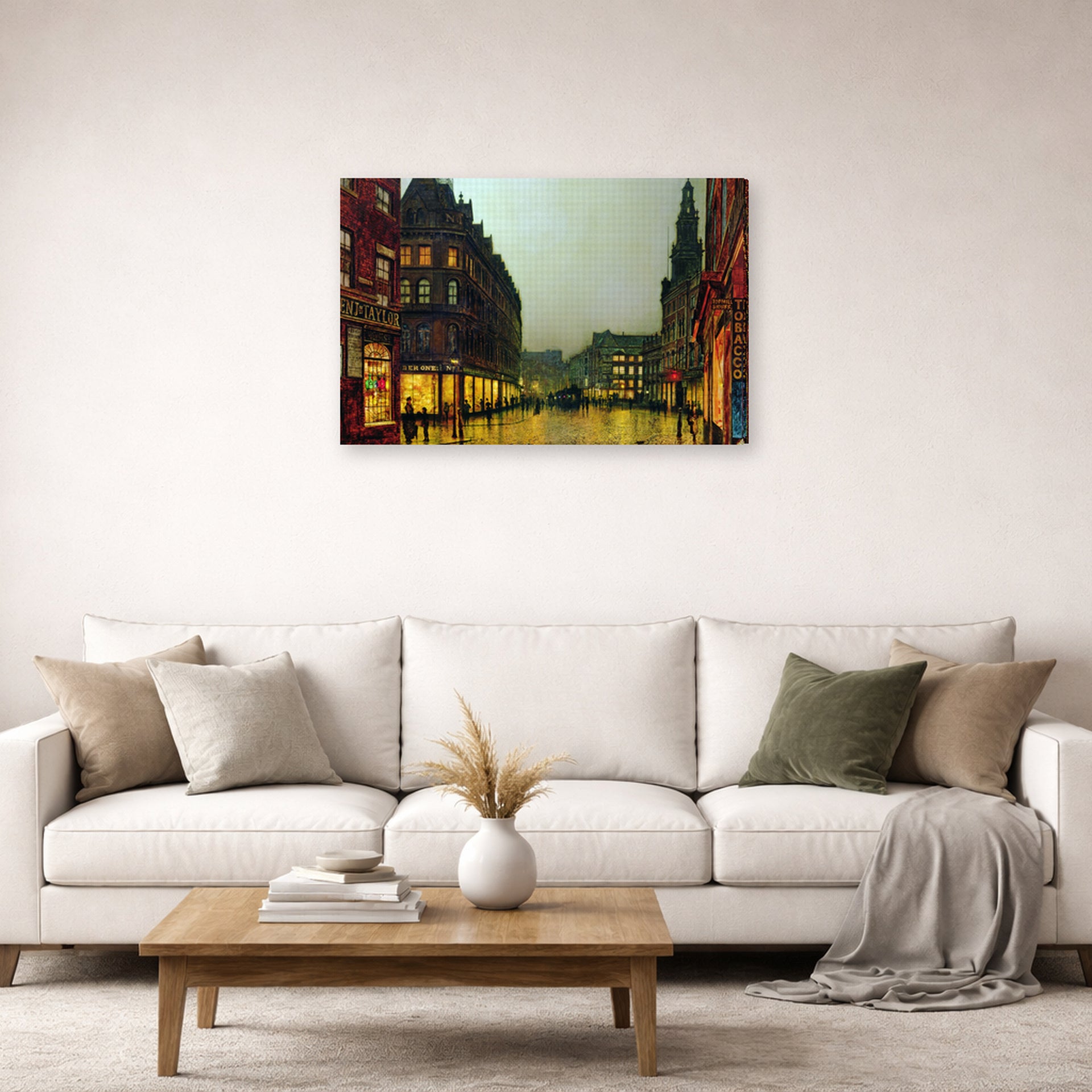 Gallery-wrapped canvas print of John Atkinson Grimshaw's 'Boar Lane Leeds' displayed on a wall in a living room