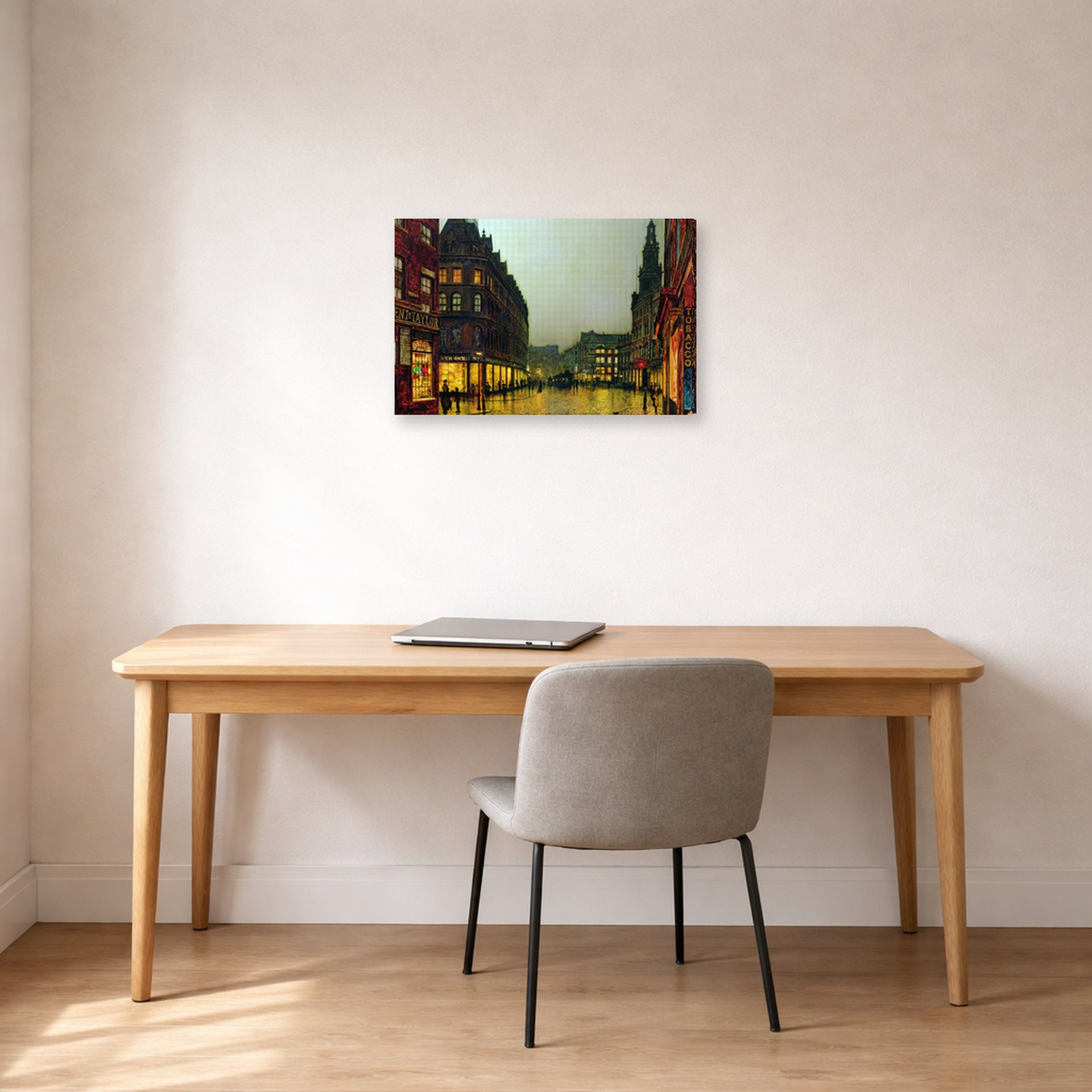 Gallery-wrapped canvas print of John Atkinson Grimshaw's 'Boar Lane Leeds' displayed on a wall in an office