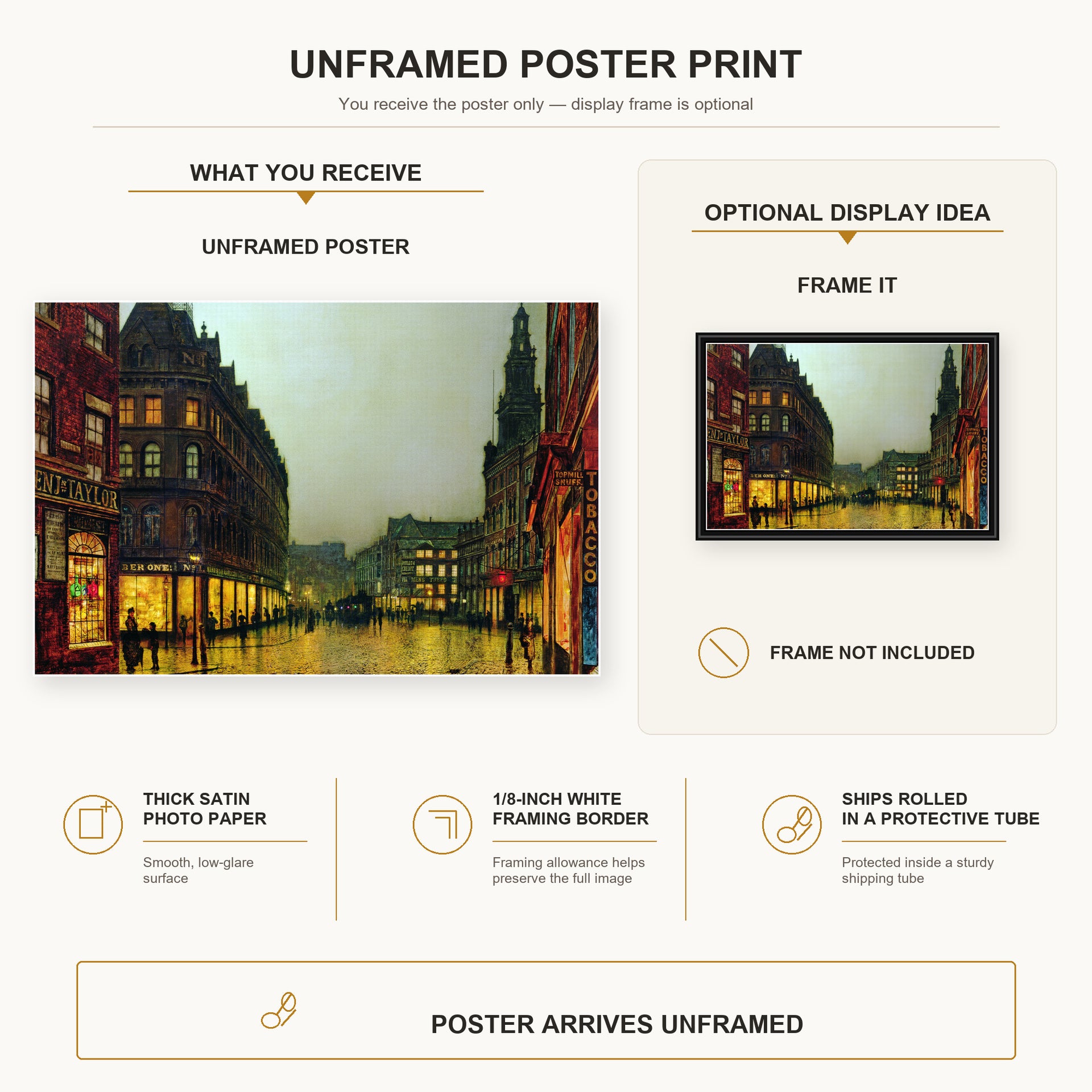 John Atkinson Grimshaw - Boar Lane Leeds poster print size comparison and framing display infographic