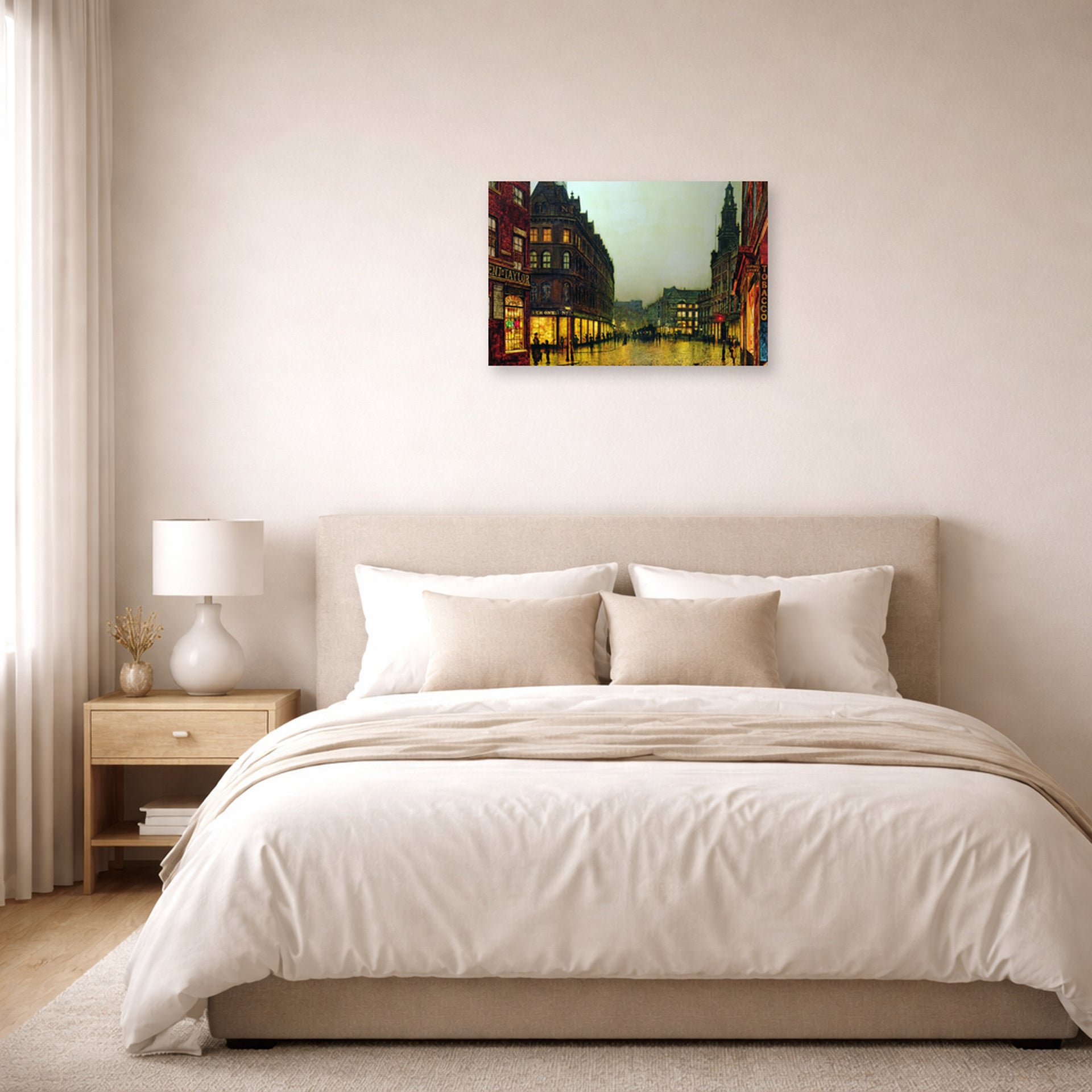 Unframed poster print of John Atkinson Grimshaw's 'Boar Lane Leeds' displayed on a wall in a bedroom