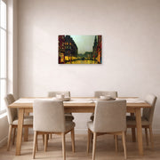 Unframed poster print of John Atkinson Grimshaw's 'Boar Lane Leeds' displayed on a wall in a dining room