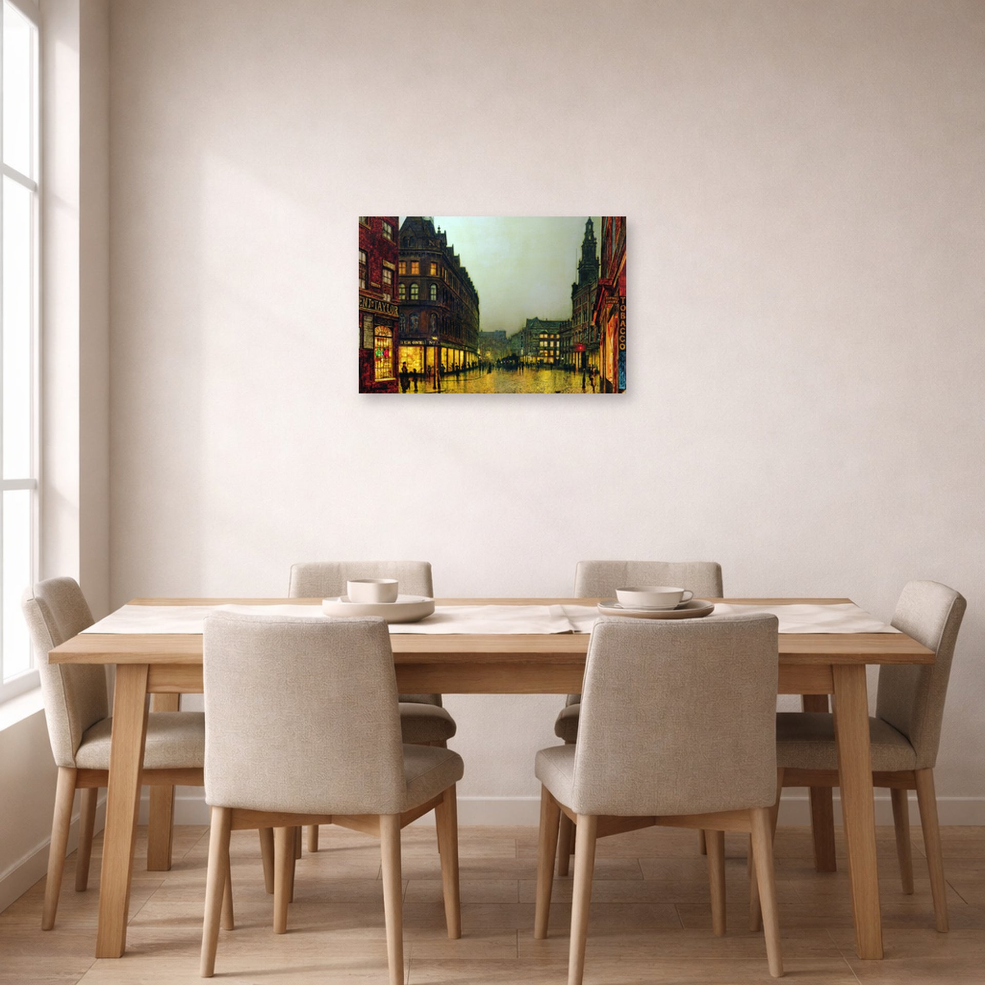 Unframed poster print of John Atkinson Grimshaw's 'Boar Lane Leeds' displayed on a wall in a dining room