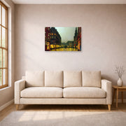 Unframed poster print of John Atkinson Grimshaw's 'Boar Lane Leeds' displayed on a wall in a living room