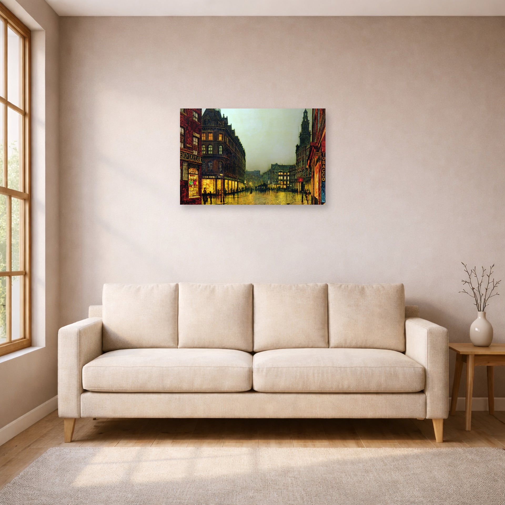 Unframed poster print of John Atkinson Grimshaw's 'Boar Lane Leeds' displayed on a wall in a living room