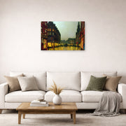 Unframed poster print of John Atkinson Grimshaw's 'Boar Lane Leeds' displayed on a wall in a living room