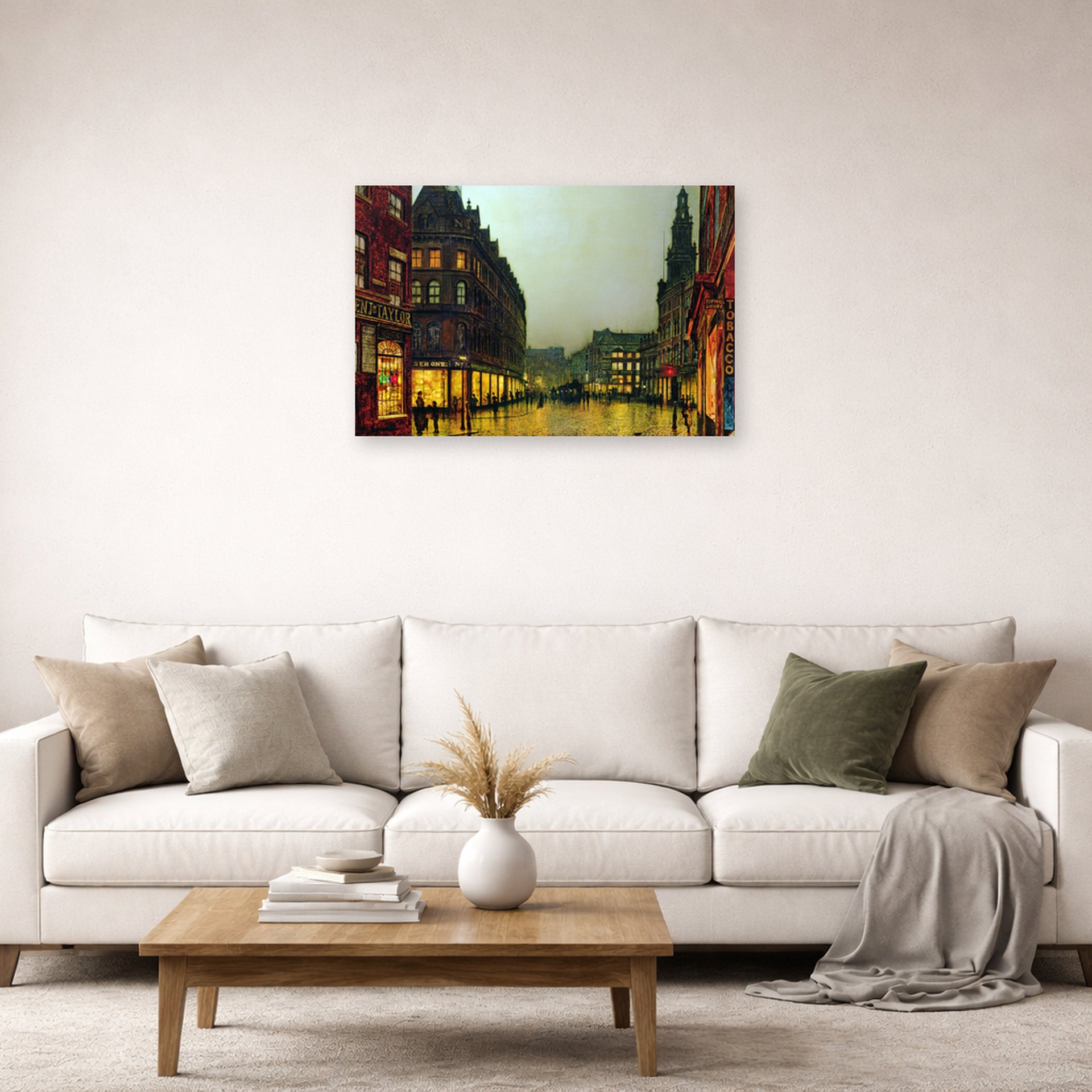 Unframed poster print of John Atkinson Grimshaw's 'Boar Lane Leeds' displayed on a wall in a living room