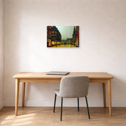 Unframed poster print of John Atkinson Grimshaw's 'Boar Lane Leeds' displayed on a wall in an office