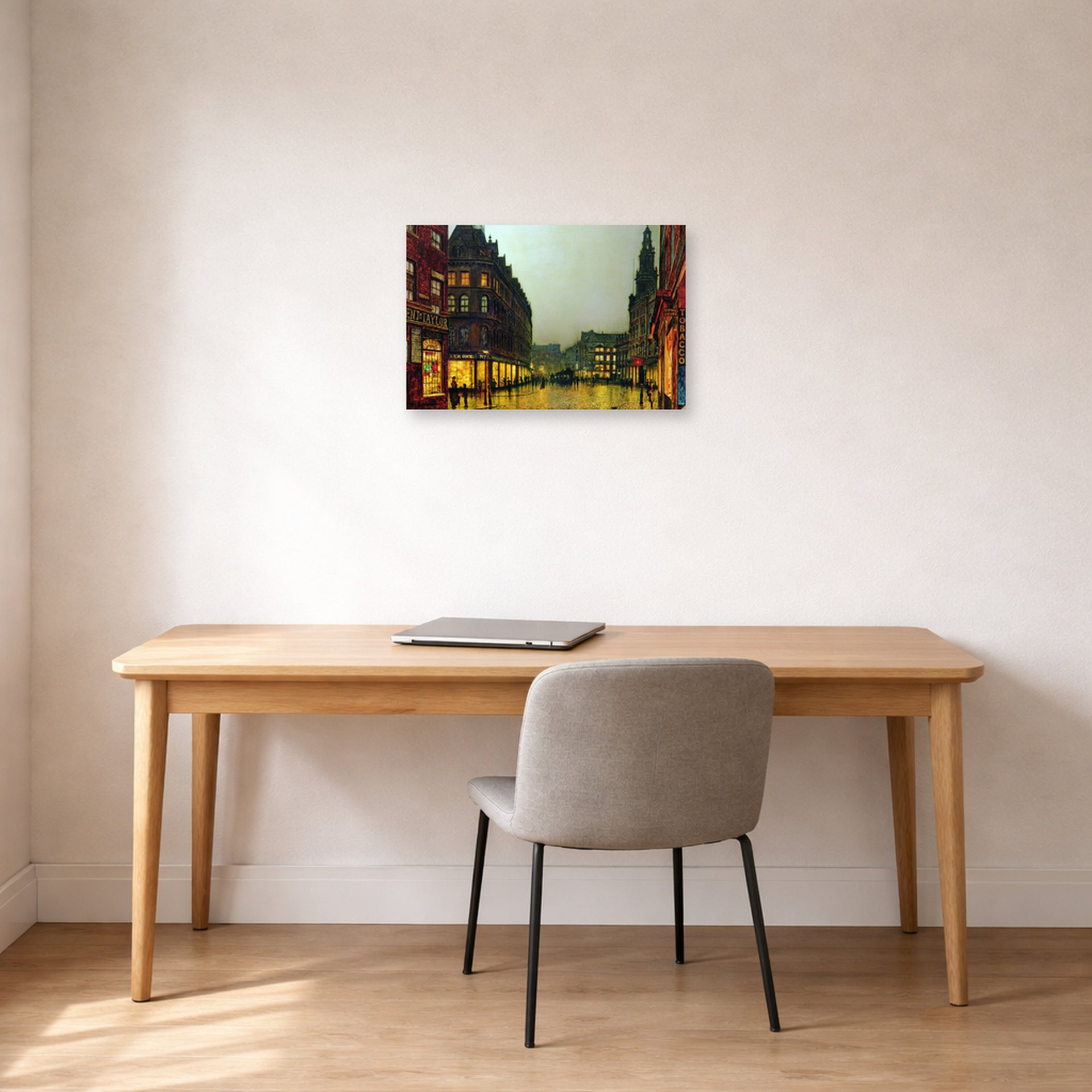 Unframed poster print of John Atkinson Grimshaw's 'Boar Lane Leeds' displayed on a wall in an office