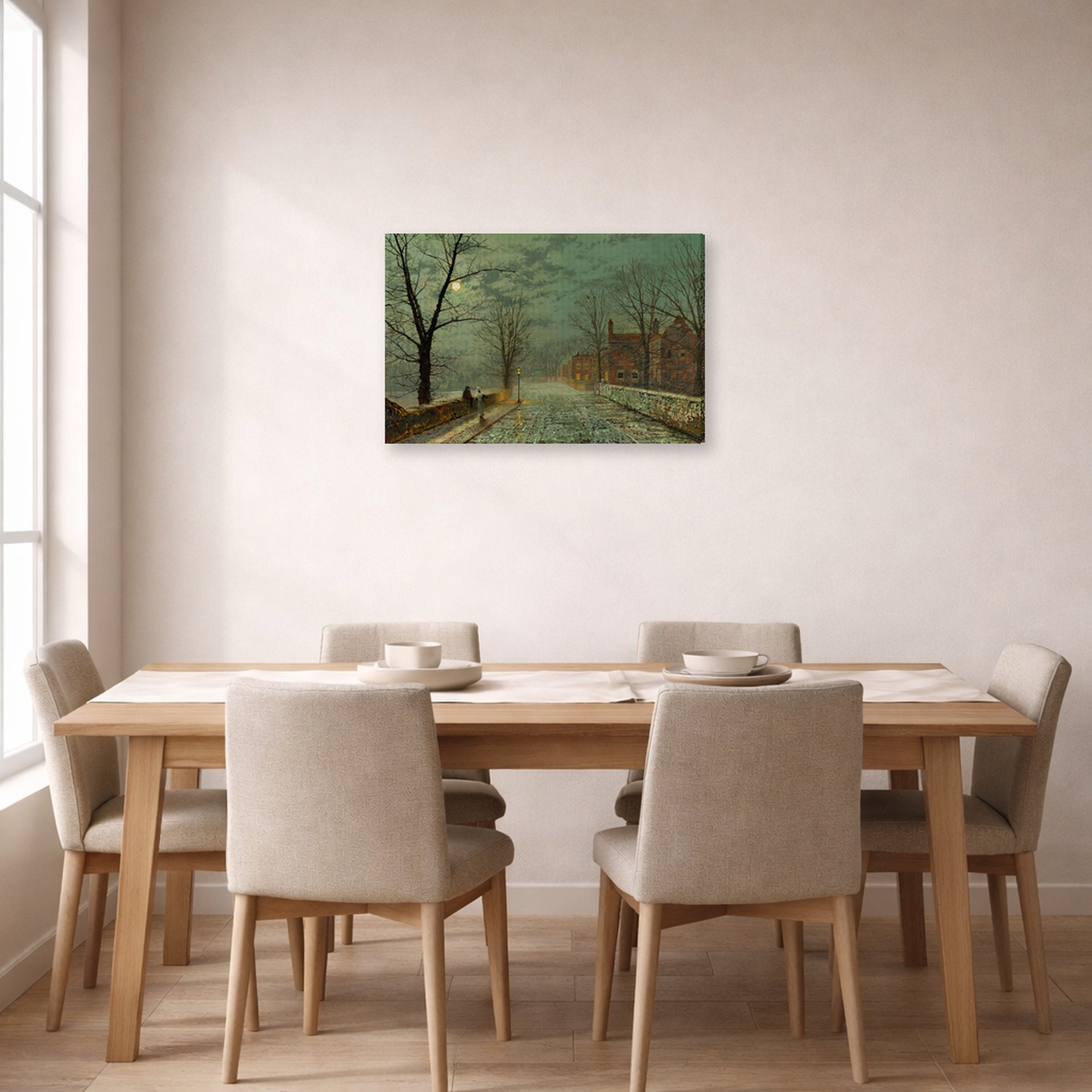 Gallery-wrapped canvas print of John Atkinson Grimshaw's 'Bonchurch Isle of Wight' displayed on a wall in a dining room