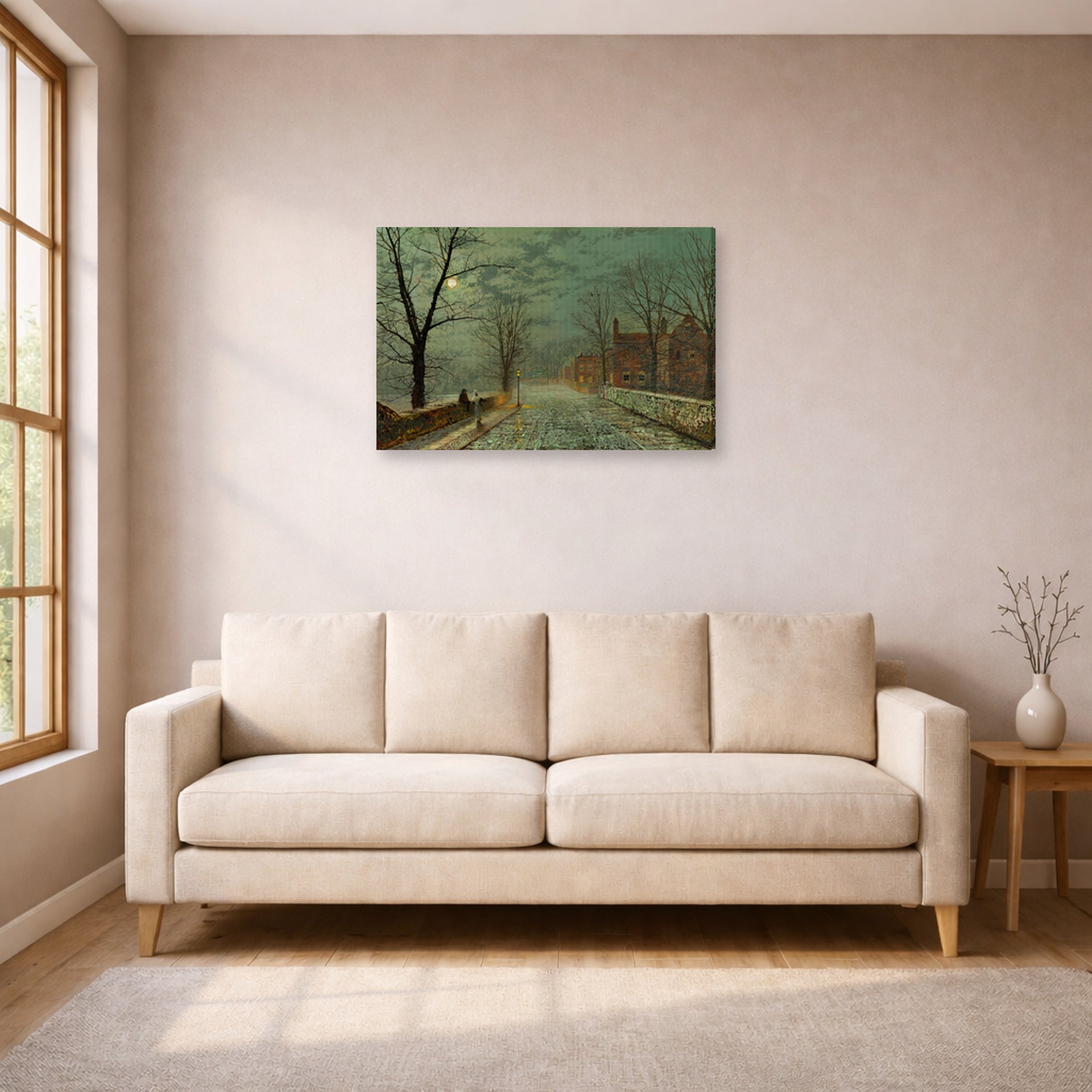 Gallery-wrapped canvas print of John Atkinson Grimshaw's 'Bonchurch Isle of Wight' displayed on a wall in a living room