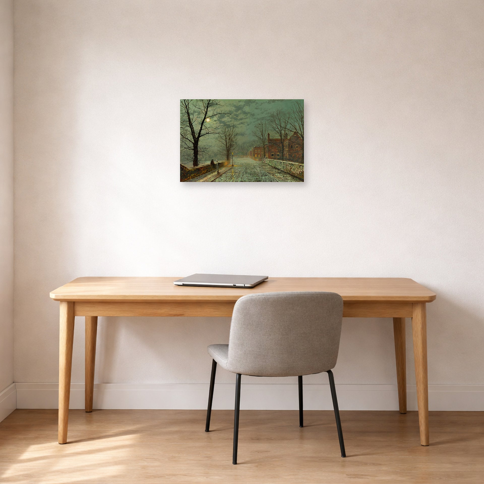 Unframed poster print of John Atkinson Grimshaw's 'Bonchurch Isle of Wight' displayed on a wall in an office