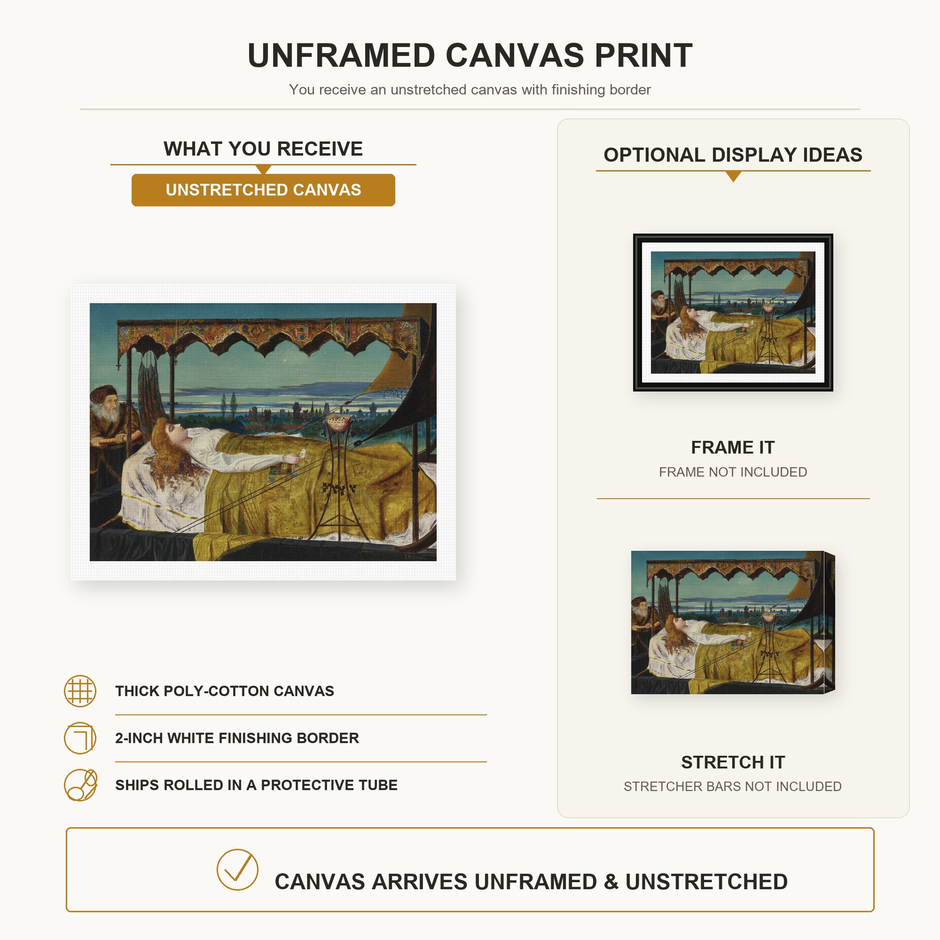 John Atkinson Grimshaw - Elaine canvas print size comparison and framing display infographic