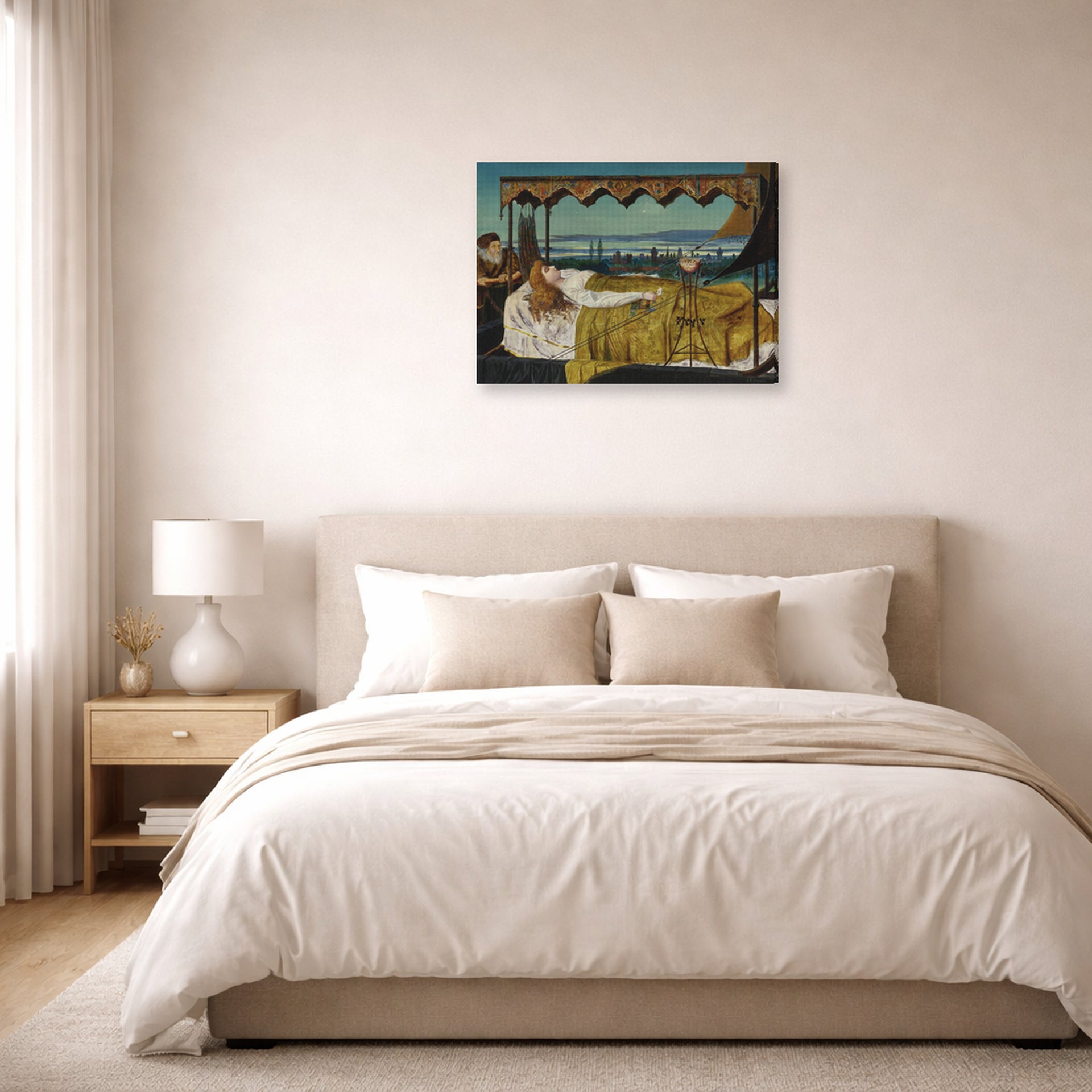 Gallery-wrapped canvas print of John Atkinson Grimshaw's 'Elaine' displayed on a wall in a bedroom