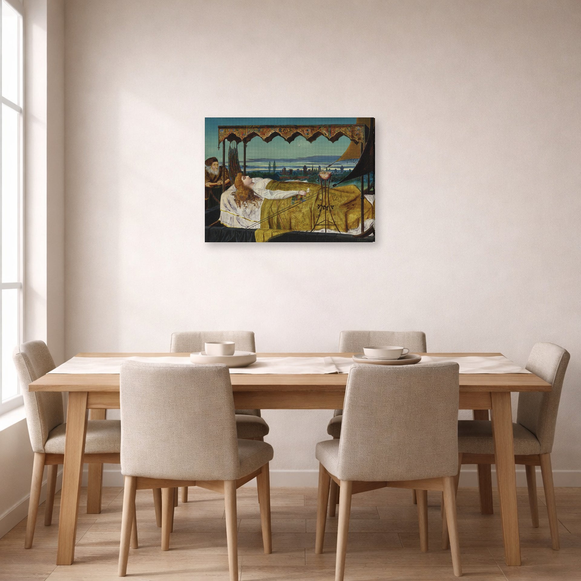 Gallery-wrapped canvas print of John Atkinson Grimshaw's 'Elaine' displayed on a wall in a dining room
