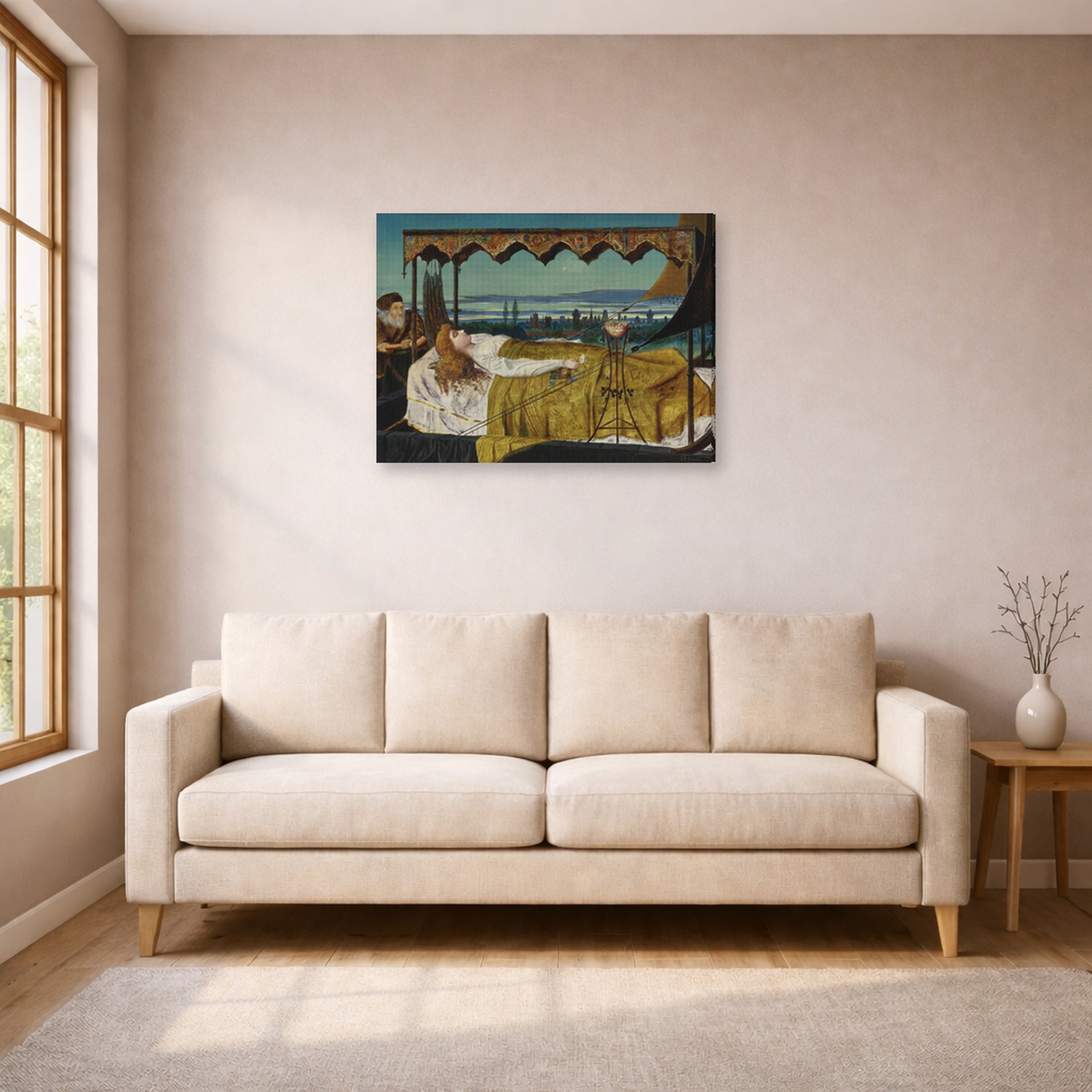 Gallery-wrapped canvas print of John Atkinson Grimshaw's 'Elaine' displayed on a wall in a living room