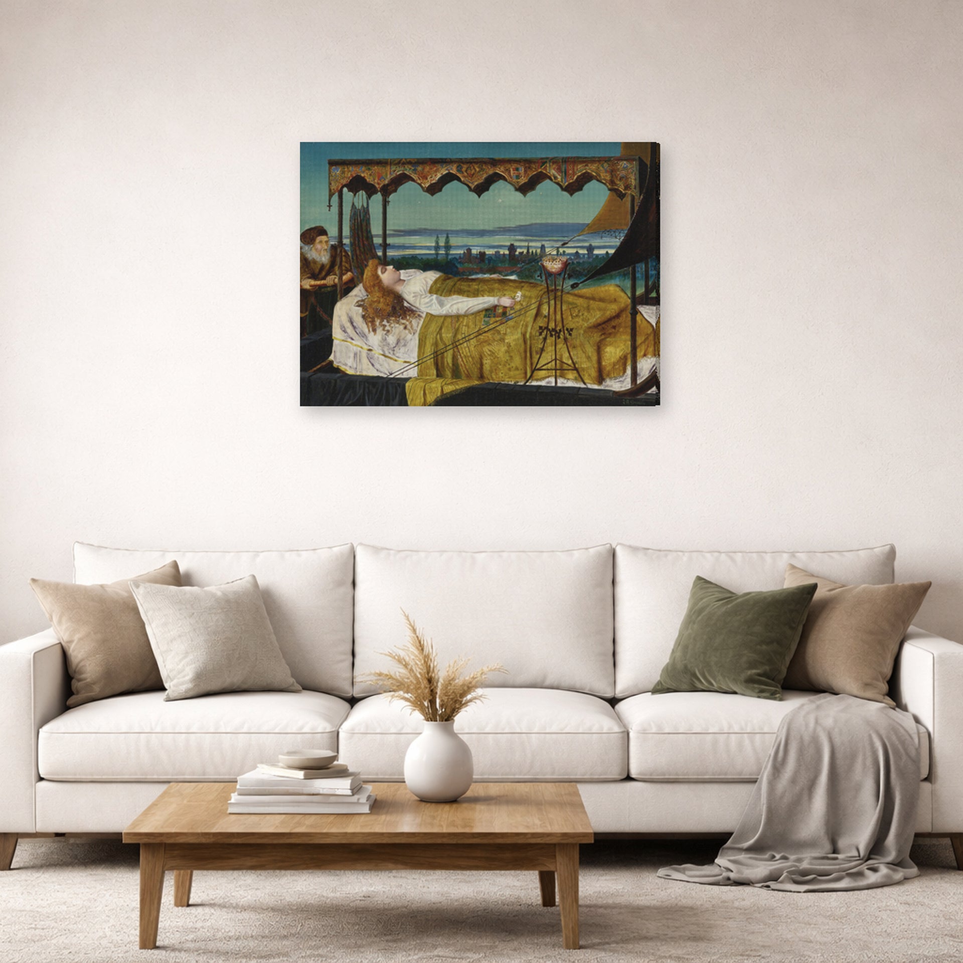 Gallery-wrapped canvas print of John Atkinson Grimshaw's 'Elaine' displayed on a wall in a living room