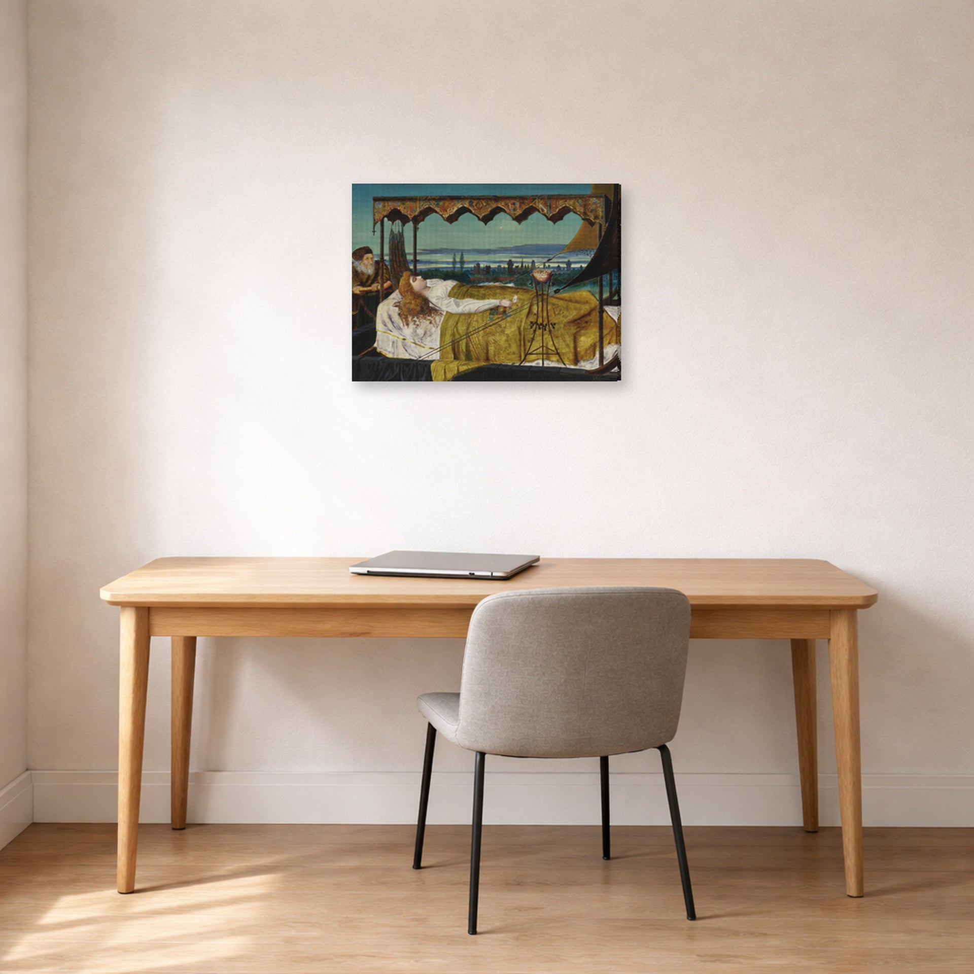 Gallery-wrapped canvas print of John Atkinson Grimshaw's 'Elaine' displayed on a wall in an office