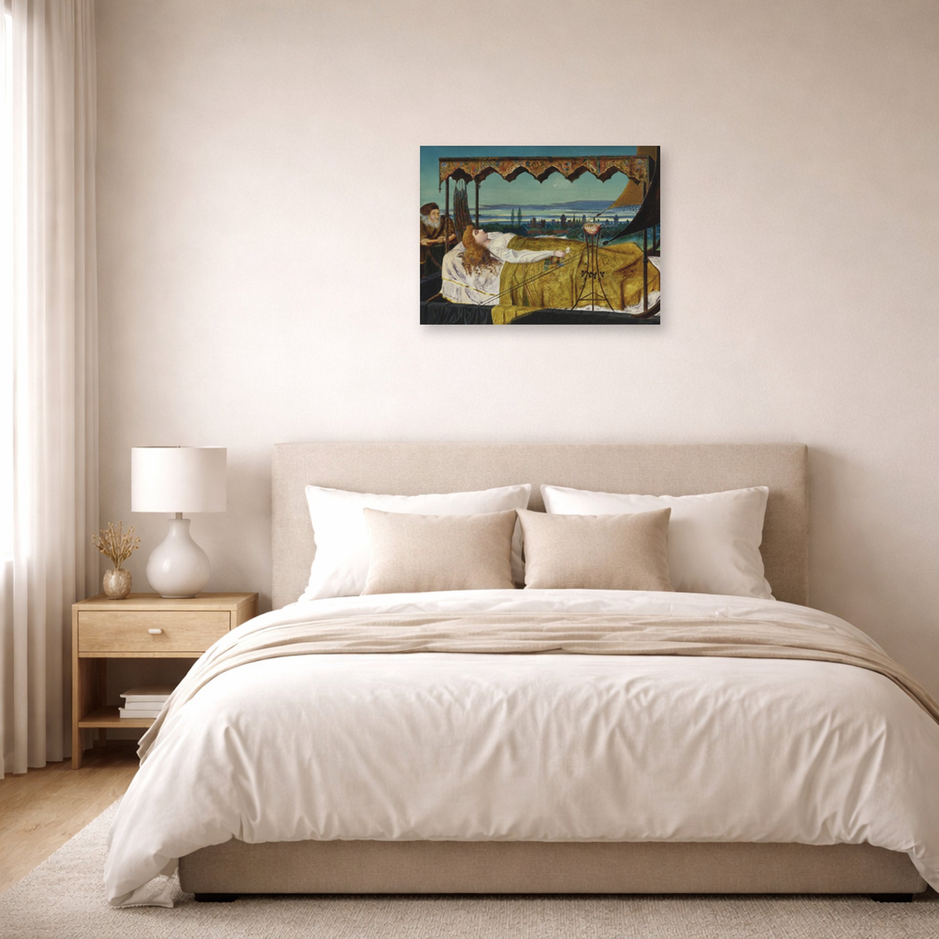 Unframed poster print of John Atkinson Grimshaw's 'Elaine' displayed on a wall in a bedroom