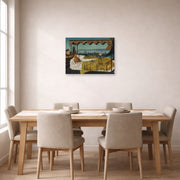 Unframed poster print of John Atkinson Grimshaw's 'Elaine' displayed on a wall in a dining room