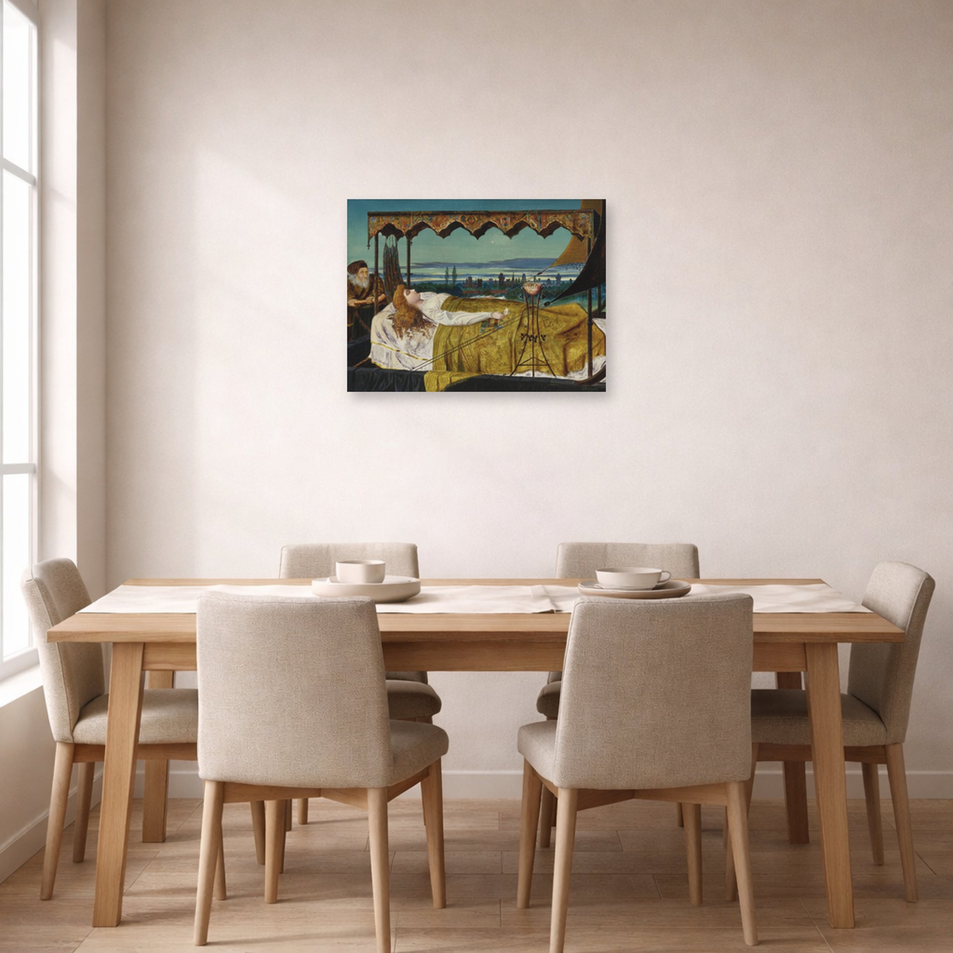 Unframed poster print of John Atkinson Grimshaw's 'Elaine' displayed on a wall in a dining room