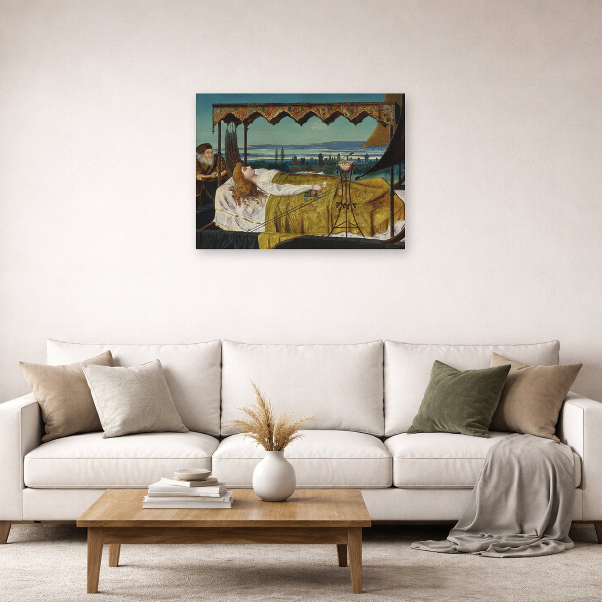 Unframed poster print of John Atkinson Grimshaw's 'Elaine' displayed on a wall in a living room