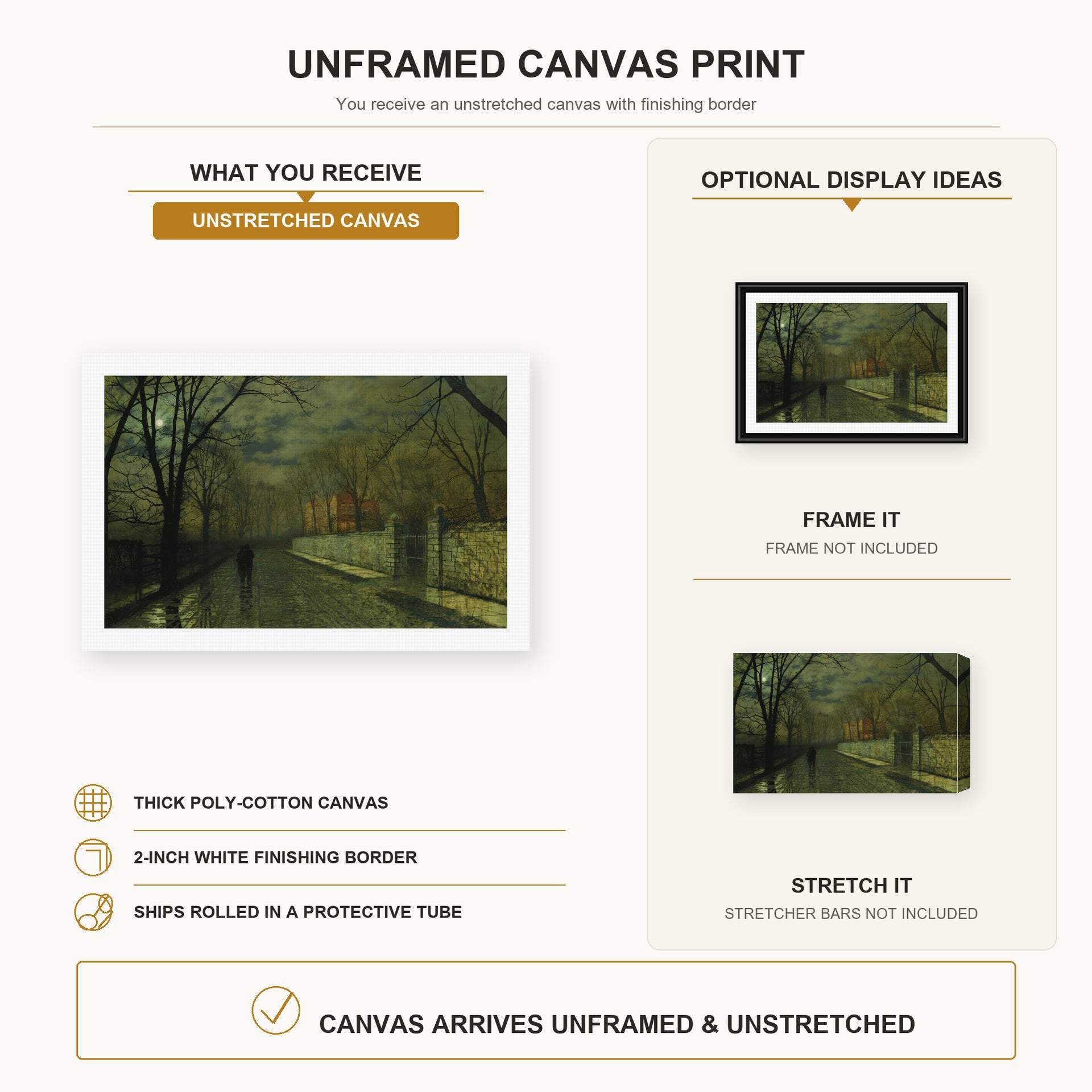 John Atkinson Grimshaw - Figures in a Moonlit Lane after Rain canvas print size comparison and framing display infographic