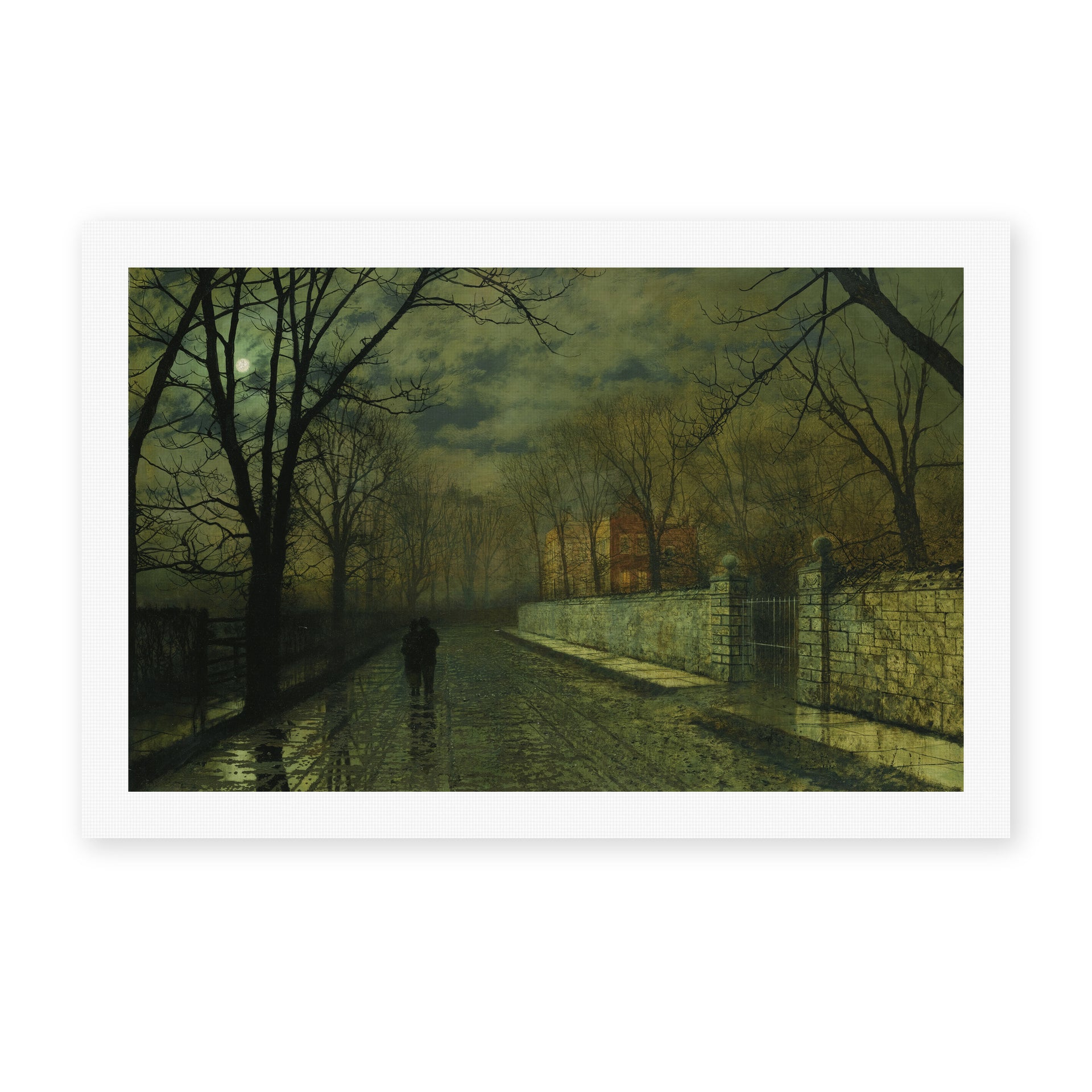John Atkinson Grimshaw's 'Figures in a Moonlit Lane after Rain' painting reproduced as a rolled canvas print
