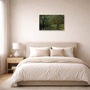 Gallery-wrapped canvas print of John Atkinson Grimshaw's 'Figures in a Moonlit Lane after Rain' displayed on a wall in a bedroom