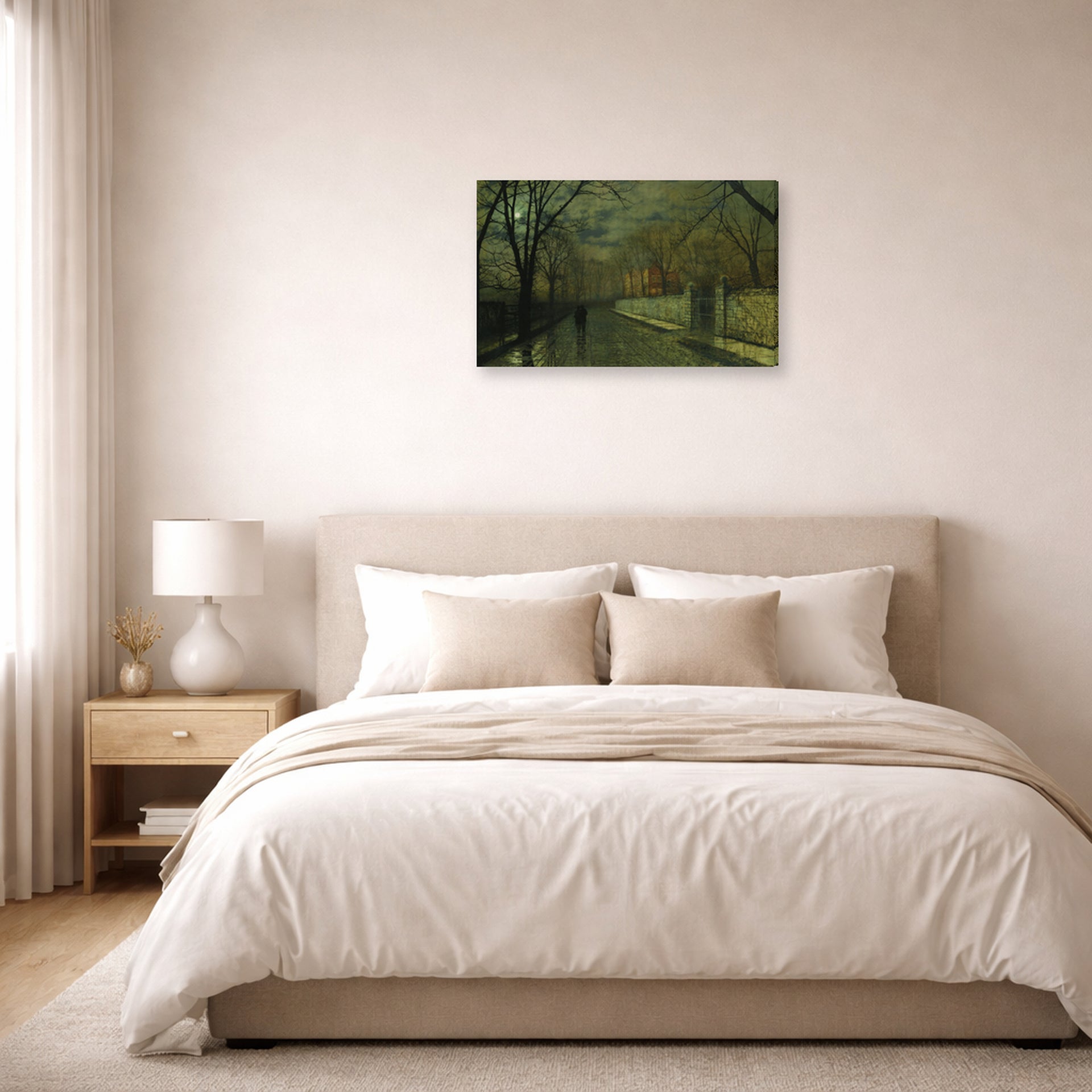 Gallery-wrapped canvas print of John Atkinson Grimshaw's 'Figures in a Moonlit Lane after Rain' displayed on a wall in a bedroom