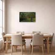 Gallery-wrapped canvas print of John Atkinson Grimshaw's 'Figures in a Moonlit Lane after Rain' displayed on a wall in a dining room