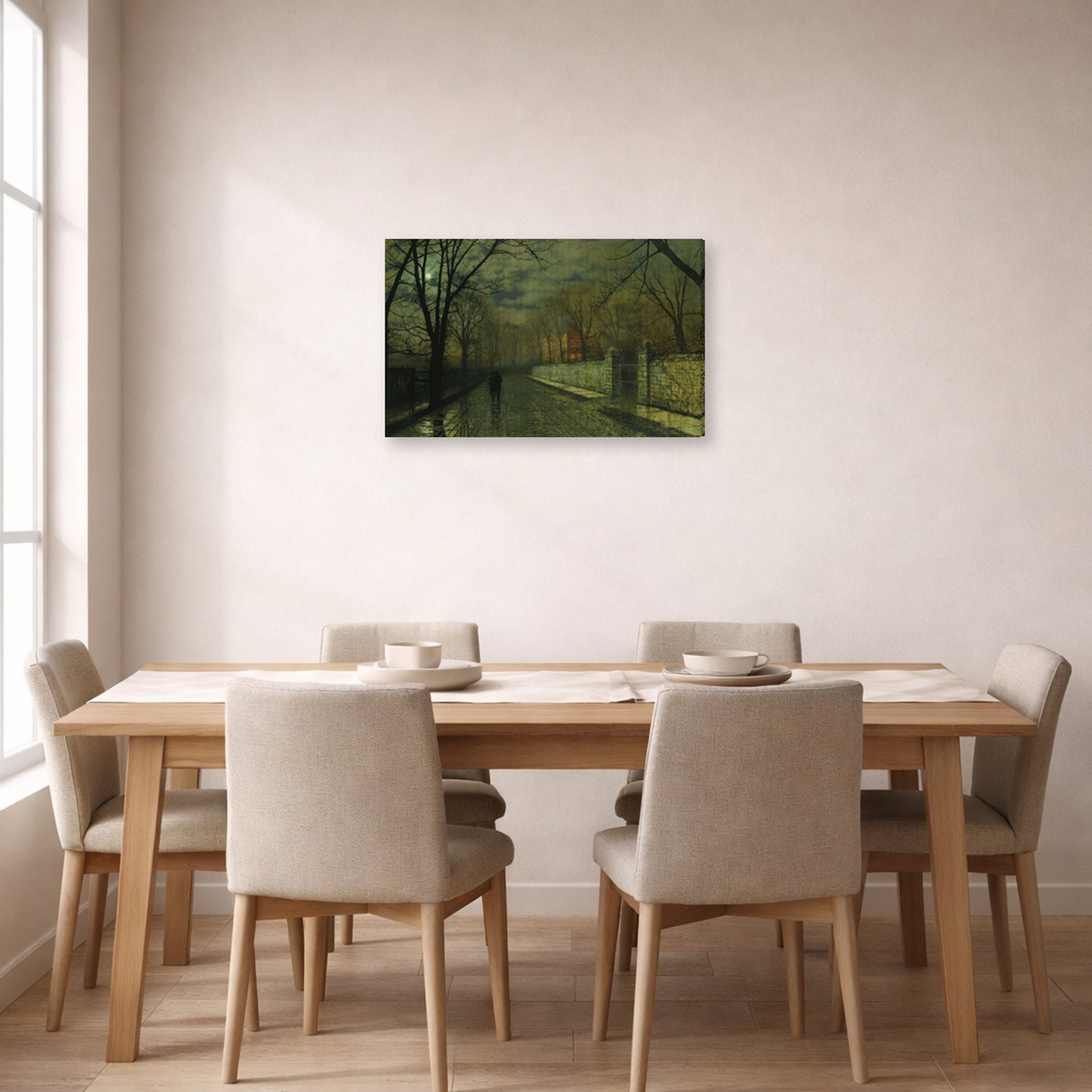 Gallery-wrapped canvas print of John Atkinson Grimshaw's 'Figures in a Moonlit Lane after Rain' displayed on a wall in a dining room