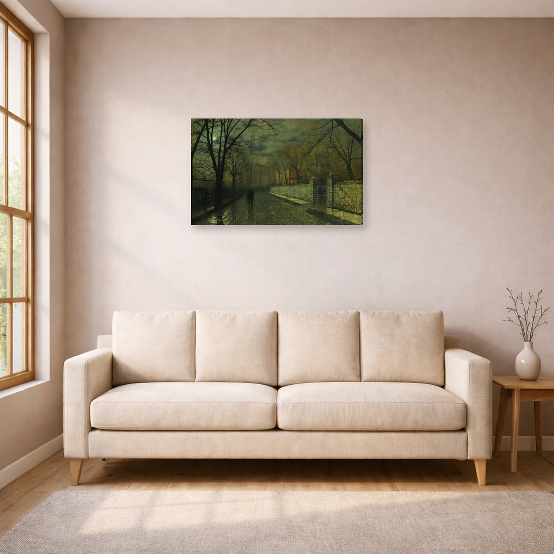 Gallery-wrapped canvas print of John Atkinson Grimshaw's 'Figures in a Moonlit Lane after Rain' displayed on a wall in a living room