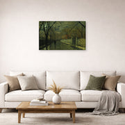 Gallery-wrapped canvas print of John Atkinson Grimshaw's 'Figures in a Moonlit Lane after Rain' displayed on a wall in a living room