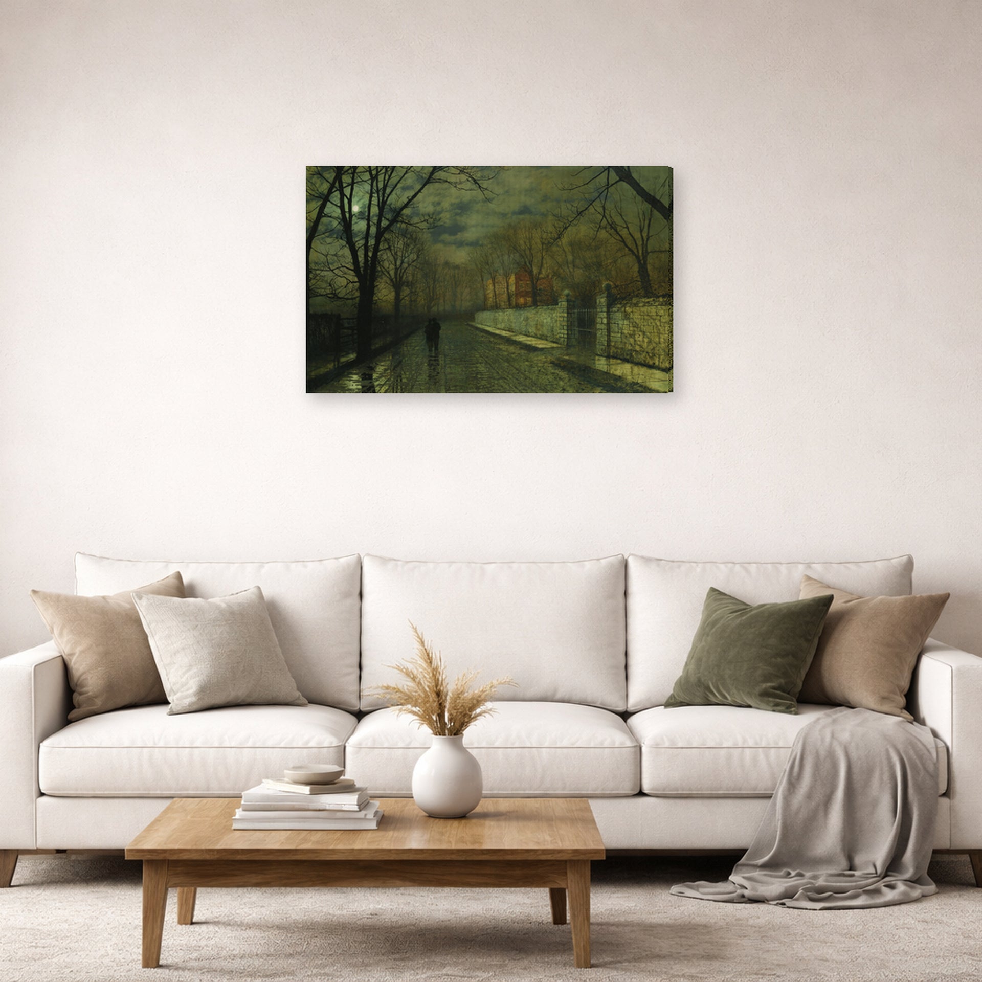 Gallery-wrapped canvas print of John Atkinson Grimshaw's 'Figures in a Moonlit Lane after Rain' displayed on a wall in a living room
