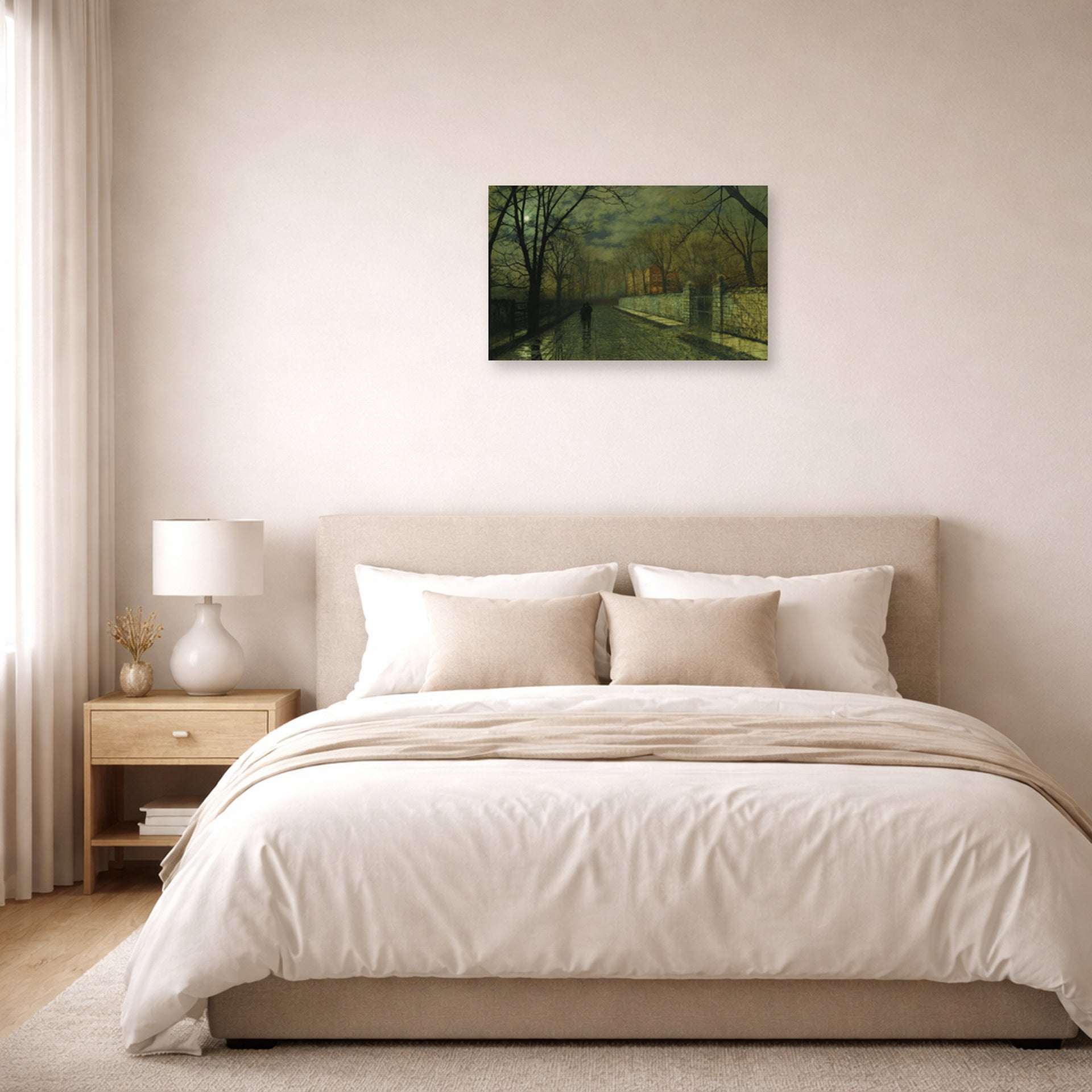 Unframed poster print of John Atkinson Grimshaw's 'Figures in a Moonlit Lane after Rain' displayed on a wall in a bedroom