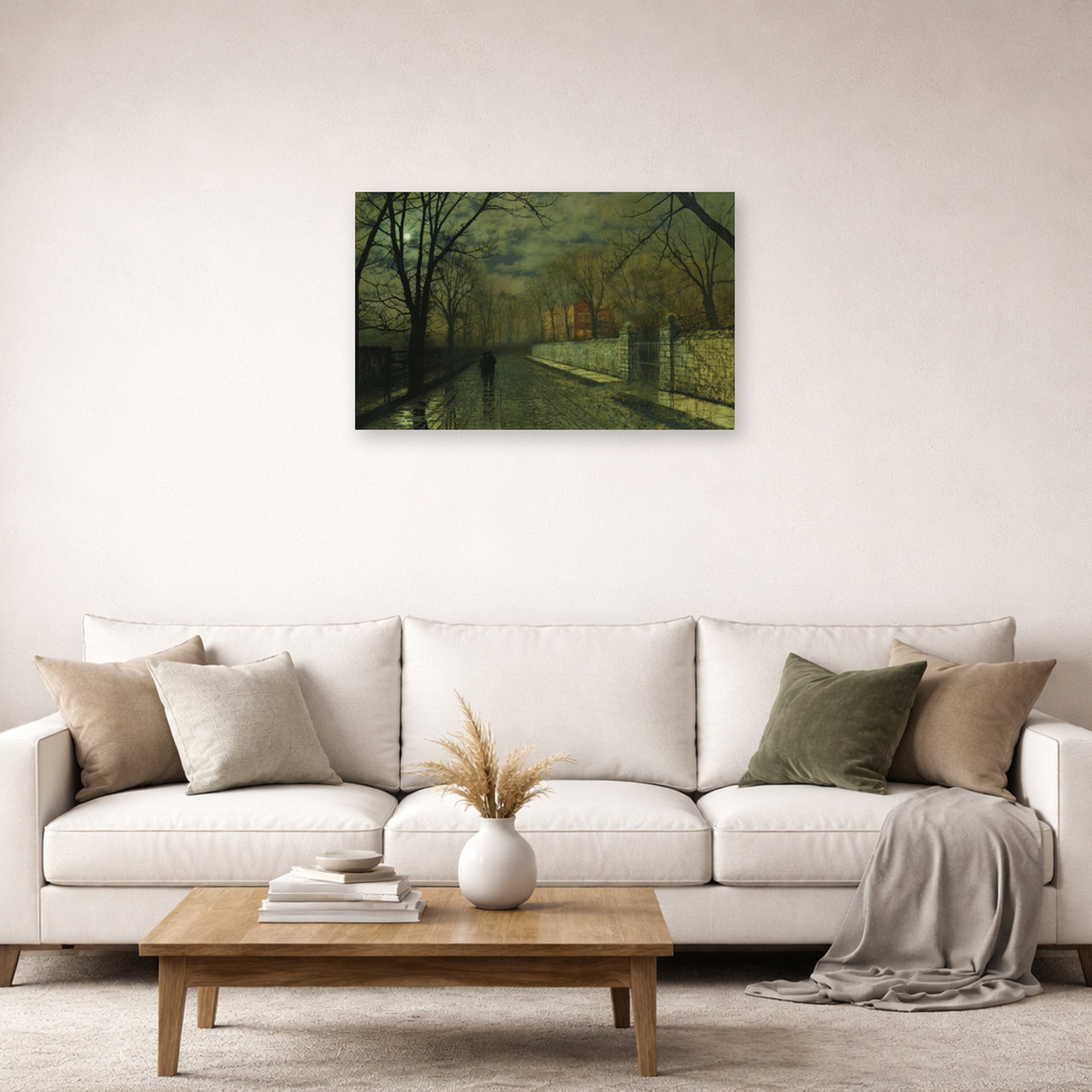Unframed poster print of John Atkinson Grimshaw's 'Figures in a Moonlit Lane after Rain' displayed on a wall in a living room