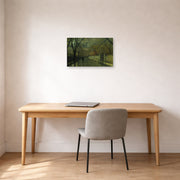Unframed poster print of John Atkinson Grimshaw's 'Figures in a Moonlit Lane after Rain' displayed on a wall in an office