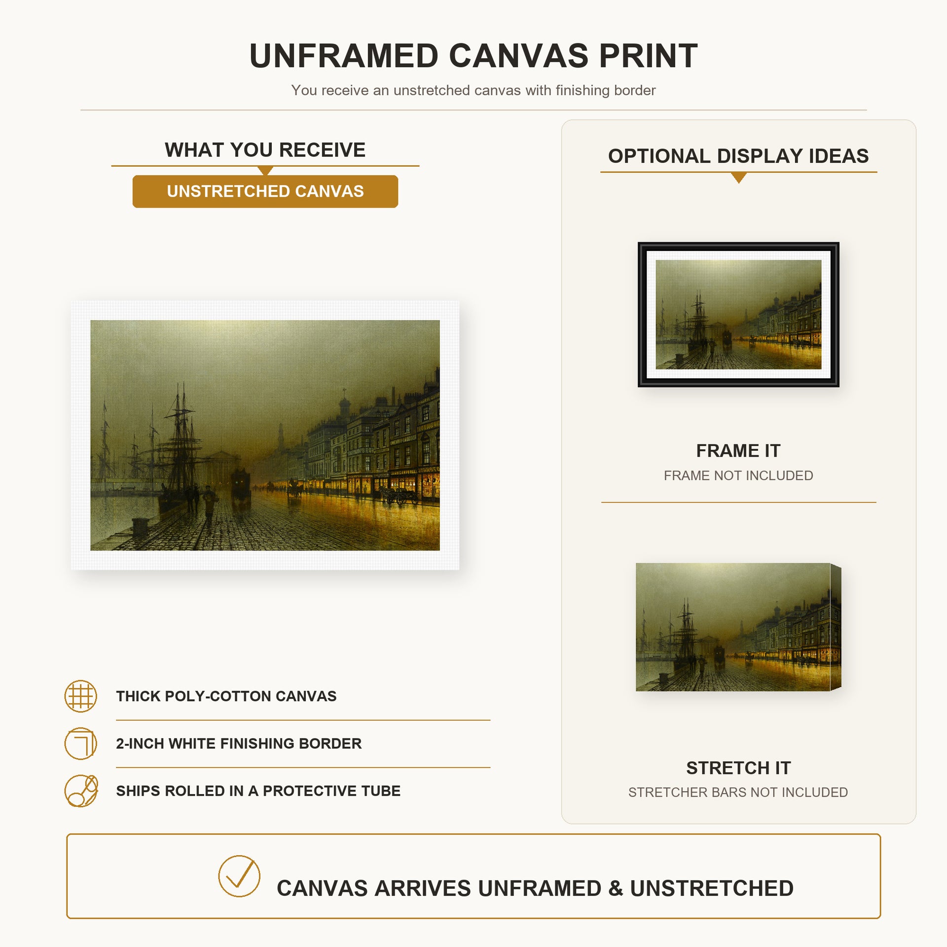 John Atkinson Grimshaw - Greenock Harbour at Night canvas print size comparison and framing display infographic