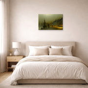Gallery-wrapped canvas print of John Atkinson Grimshaw's 'Greenock Harbour at Night' displayed on a wall in a bedroom