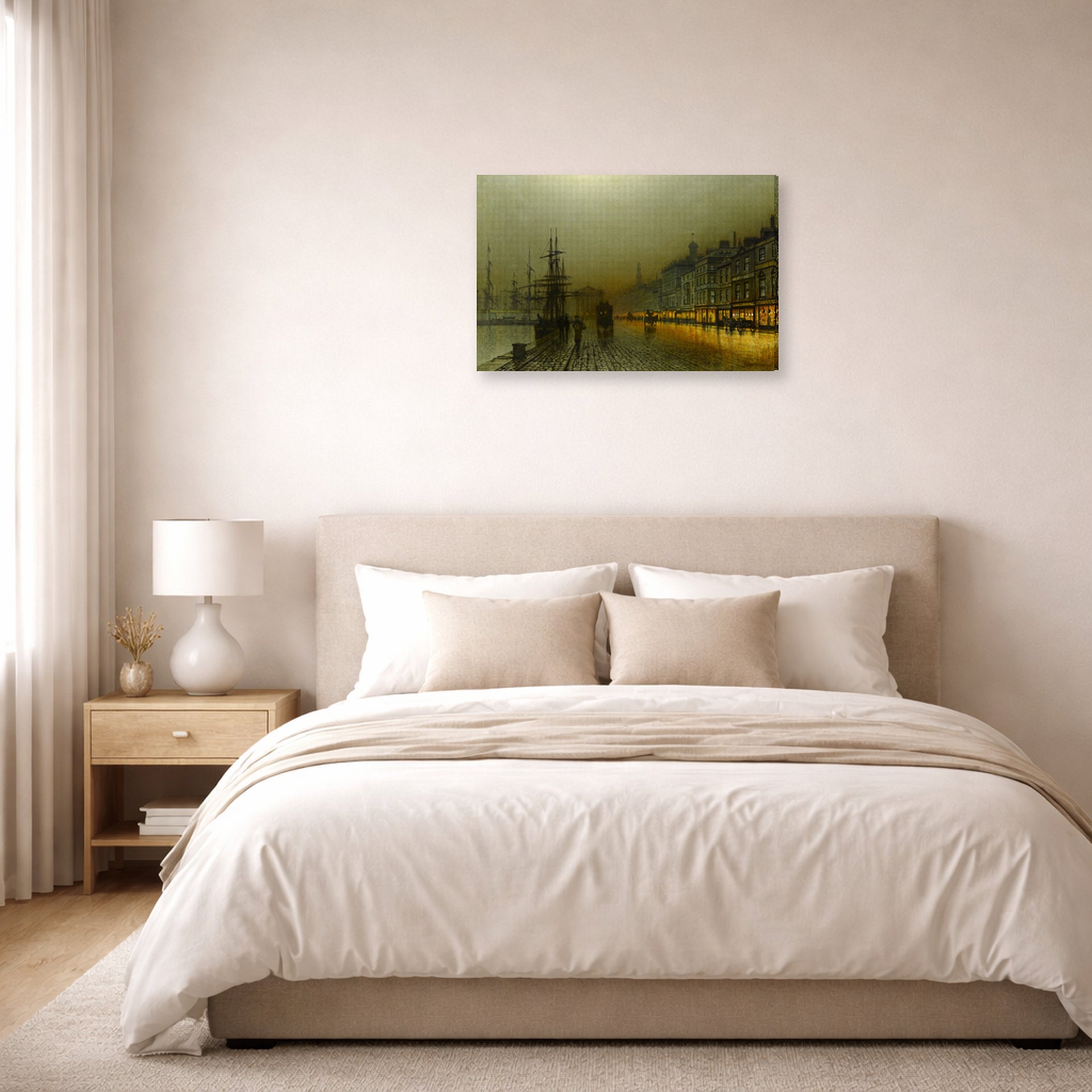 Gallery-wrapped canvas print of John Atkinson Grimshaw's 'Greenock Harbour at Night' displayed on a wall in a bedroom