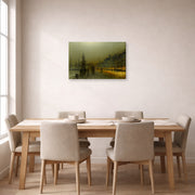Gallery-wrapped canvas print of John Atkinson Grimshaw's 'Greenock Harbour at Night' displayed on a wall in a dining room