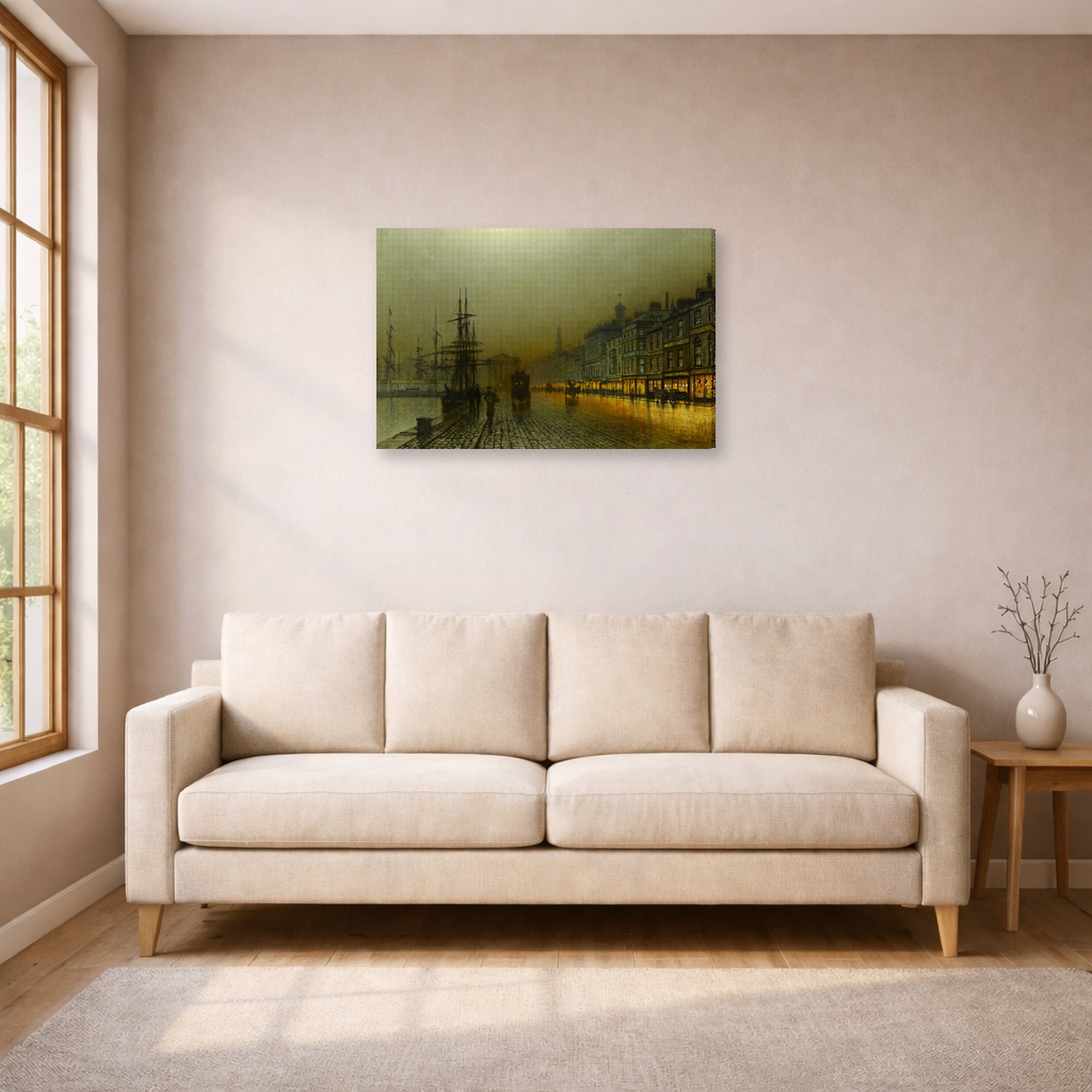 Gallery-wrapped canvas print of John Atkinson Grimshaw's 'Greenock Harbour at Night' displayed on a wall in a living room
