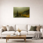 Gallery-wrapped canvas print of John Atkinson Grimshaw's 'Greenock Harbour at Night' displayed on a wall in a living room