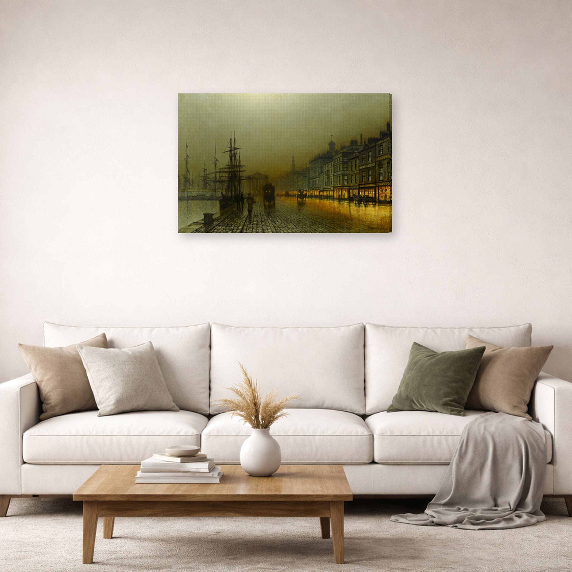 Gallery-wrapped canvas print of John Atkinson Grimshaw's 'Greenock Harbour at Night' displayed on a wall in a living room