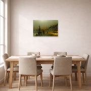 Unframed poster print of John Atkinson Grimshaw's 'Greenock Harbour at Night' displayed on a wall in a dining room