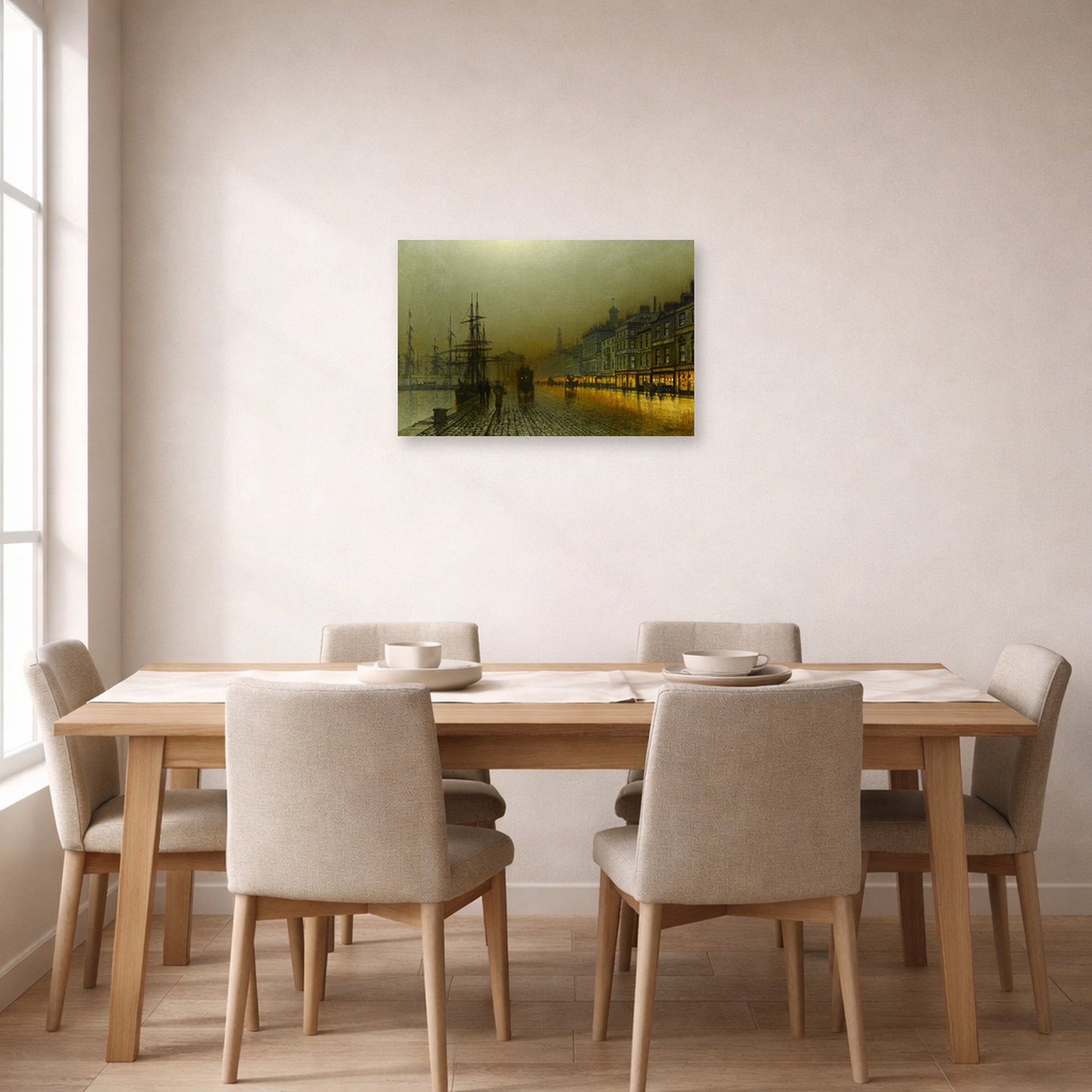 Unframed poster print of John Atkinson Grimshaw's 'Greenock Harbour at Night' displayed on a wall in a dining room