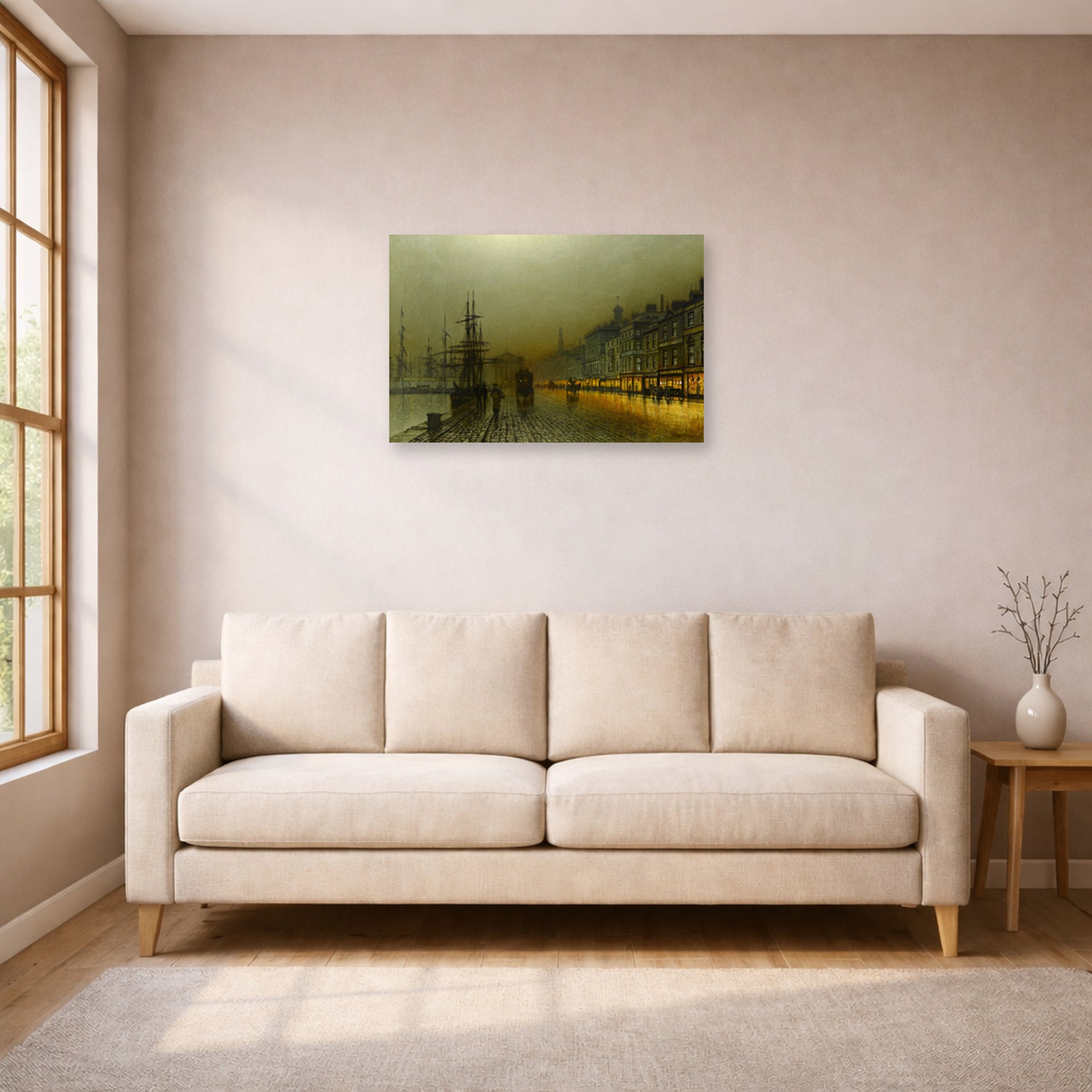 Unframed poster print of John Atkinson Grimshaw's 'Greenock Harbour at Night' displayed on a wall in a living room